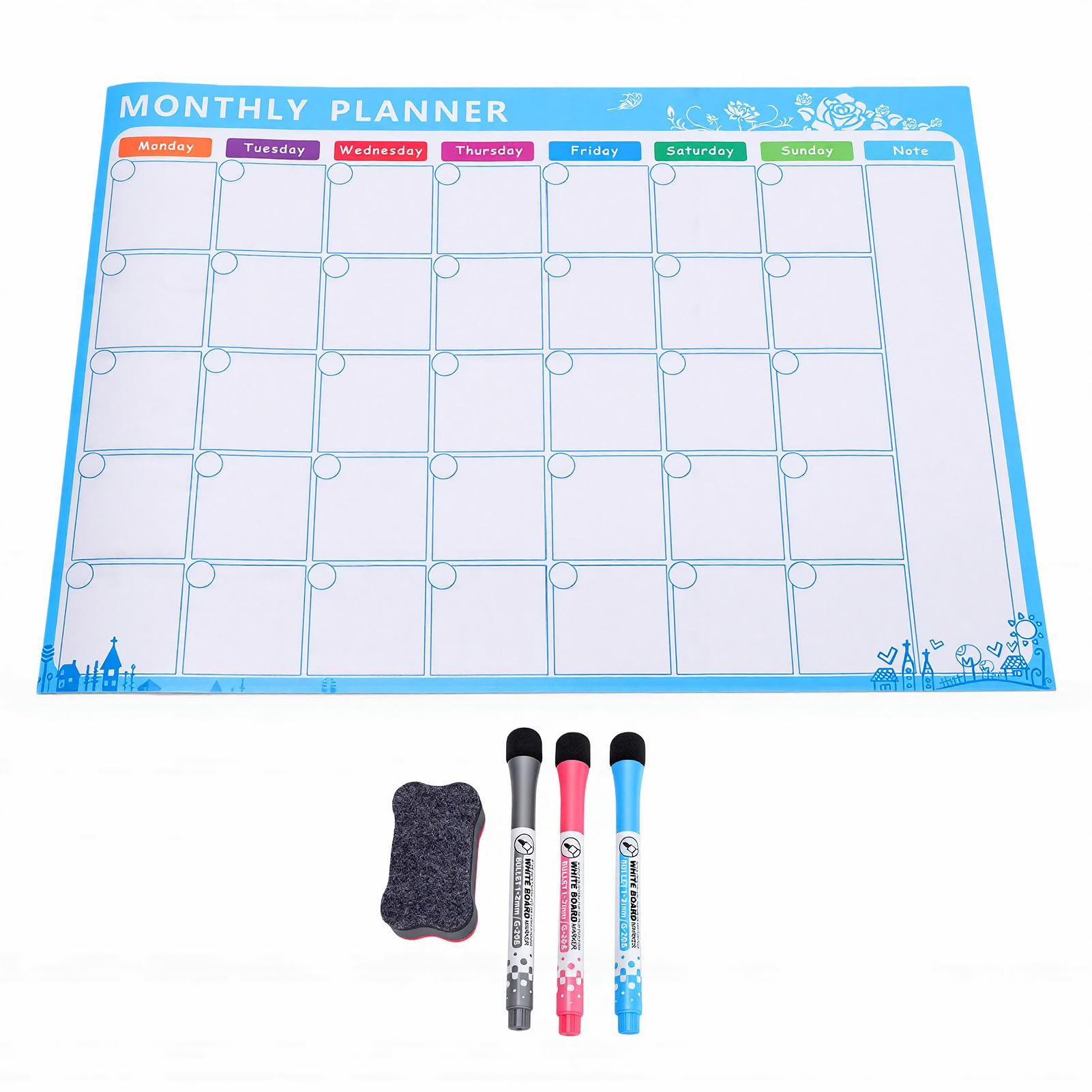 Karlak Magnet-Monatsplaner mit Farbmarkierungen und Radiergummi für Kühlschrank, Familienorganisation, Trocken Abwischbarer Kalender, 4 Stück (4 Sets roter, blauer, schwarzer Stift)