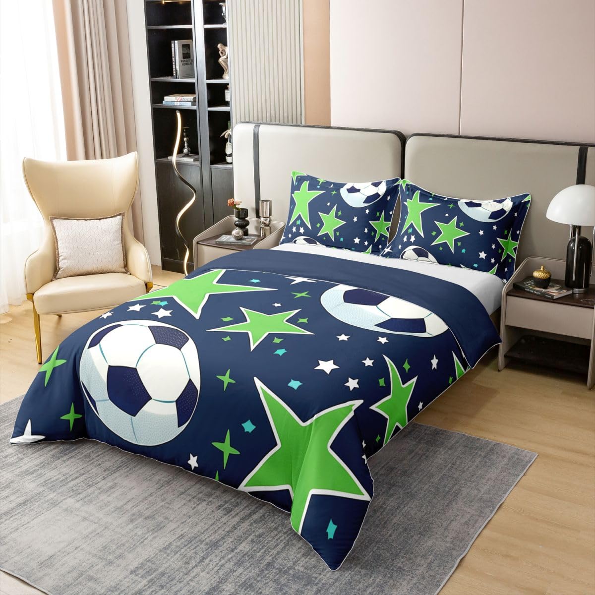 Homewish Piłka nożna chłopcy pościel podwójne łóżko zestaw piłka nożna gry bawełna poszewka na kołdrę piłka sportowa poszewka na kołdrę dla dzieci chłopców nastolatków dorosłych zielona gwiazda