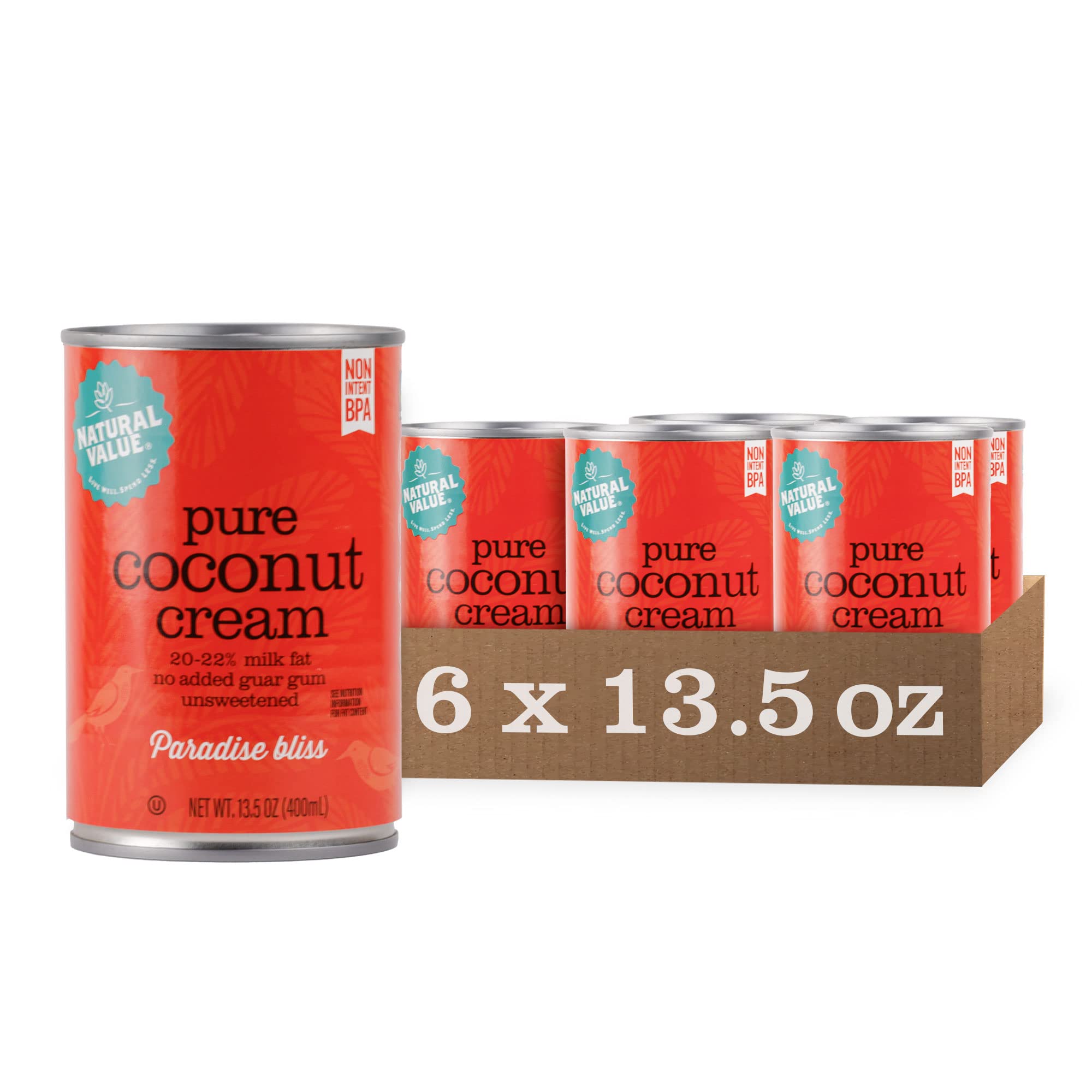 Natural Value Coconut Cream, Pure 20-22% Milk Fat,13.5oz (pack of 6) No added Guar Gum, Unsweetened, Gluten Free, Keto Friendly, Fairtrade, Vegan,