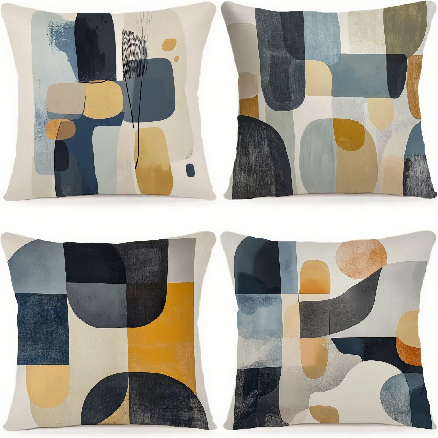 Housse de coussin 80x80cm jaune abstrait lot de 4 en lin imperméable pour canapé et salon