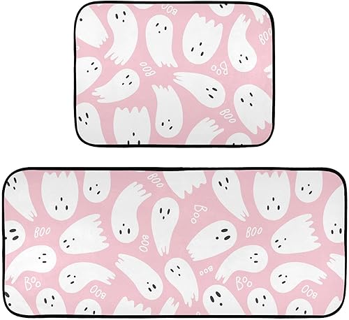 Juego de 2 tapetes de cocina de fantasmas de Halloween, antideslizantes, lavables, antifatiga, para el suelo de la cocina, juego de alfombras de