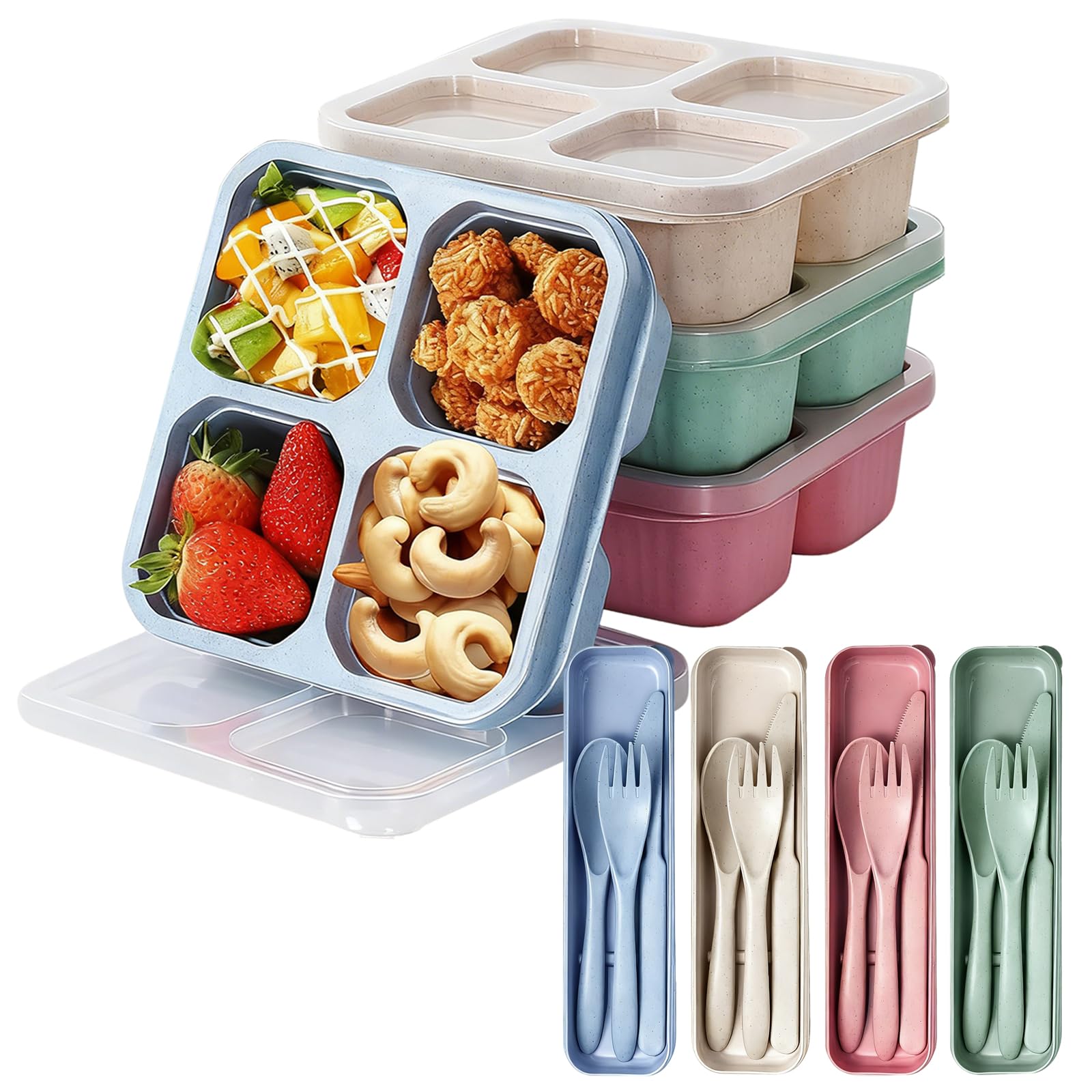 HXSYKJDM 4PCS Snack Boxes with Cover, 4 Compartment Box, Divided Food Storage Boxes with Cutlery, Bento Snack Containers for School Work Travel