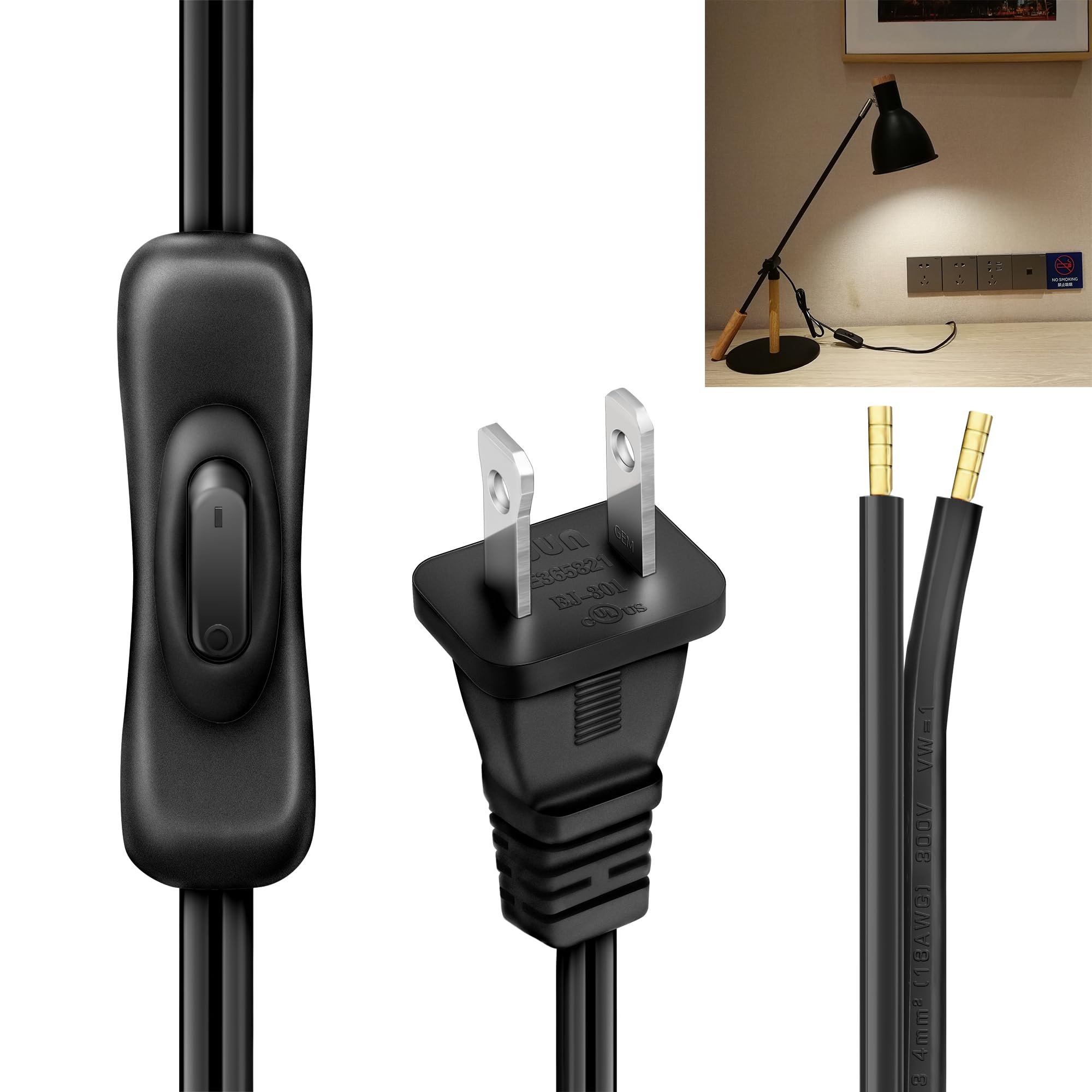 Lamp Cord with Switch - Great for DIY Lamp Projects, Converts Hardwire Light to Plug in, Replacement Cord for Table Lamps & DIY Lighting