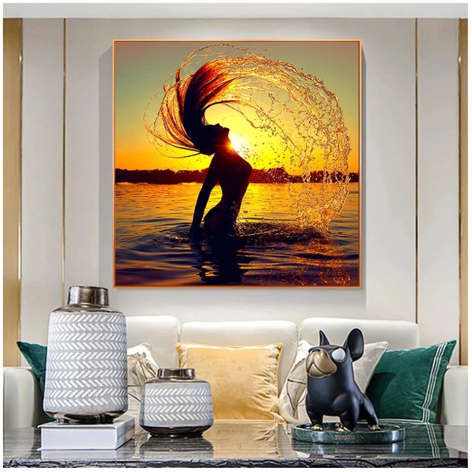 Amazon.co.jp: ポスターガール彼女の髪で水しぶきキャンバス絵画夕日の