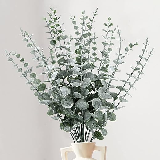 HOMEXO Cotton Artificial Eucalyptus Stems Decor Leaves Faux For Vases Height-16 Greenery Branches, 24 Pcs For Wedding Cent...