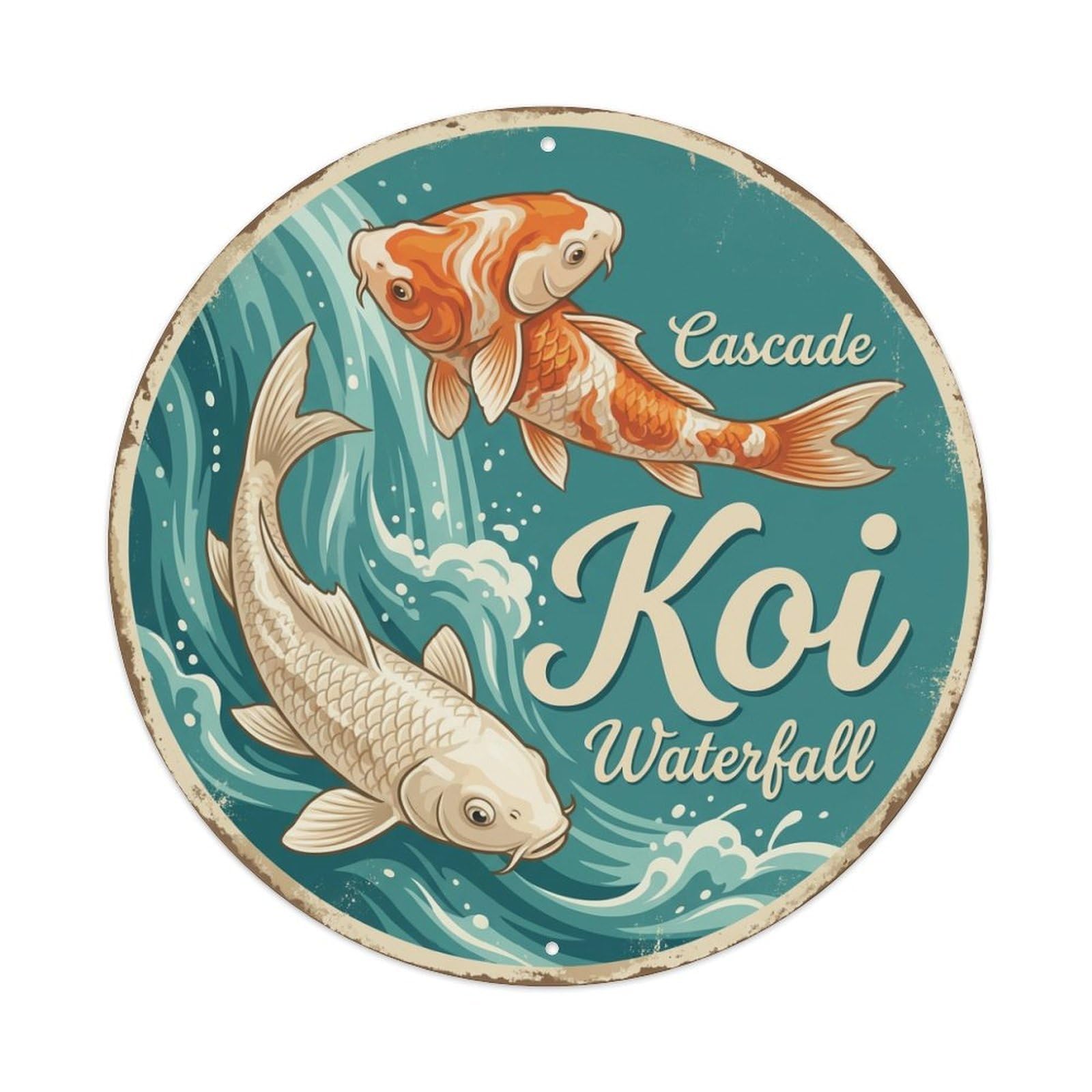 Metal Tin Sign Koi Fish Cascade Waterfall Decor