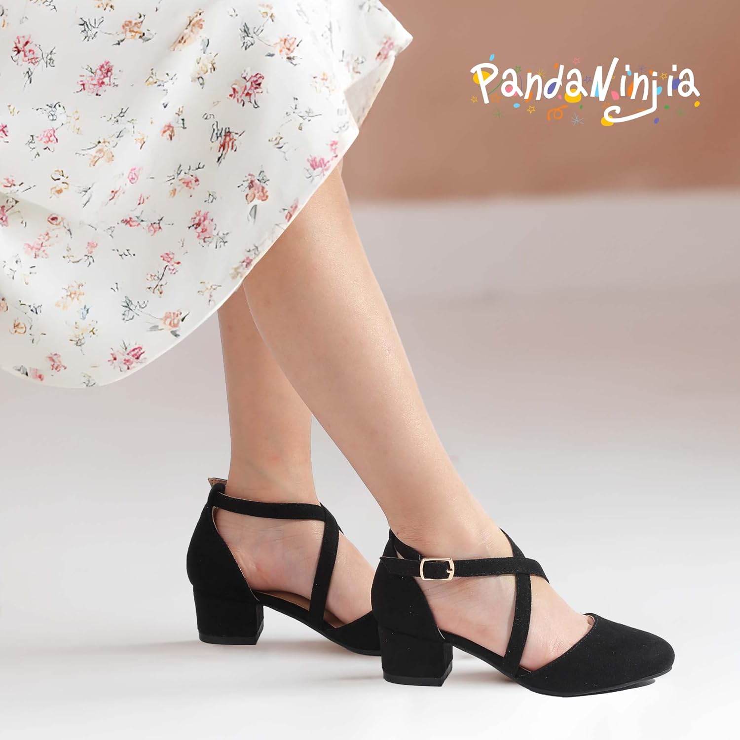 PANDANINJIA Girls Dress Shoes High Heels Flower Girl Closed Toe Cross Strap Wedding Party Mary Jane Little Big Kid Pump Shoe - Image 3