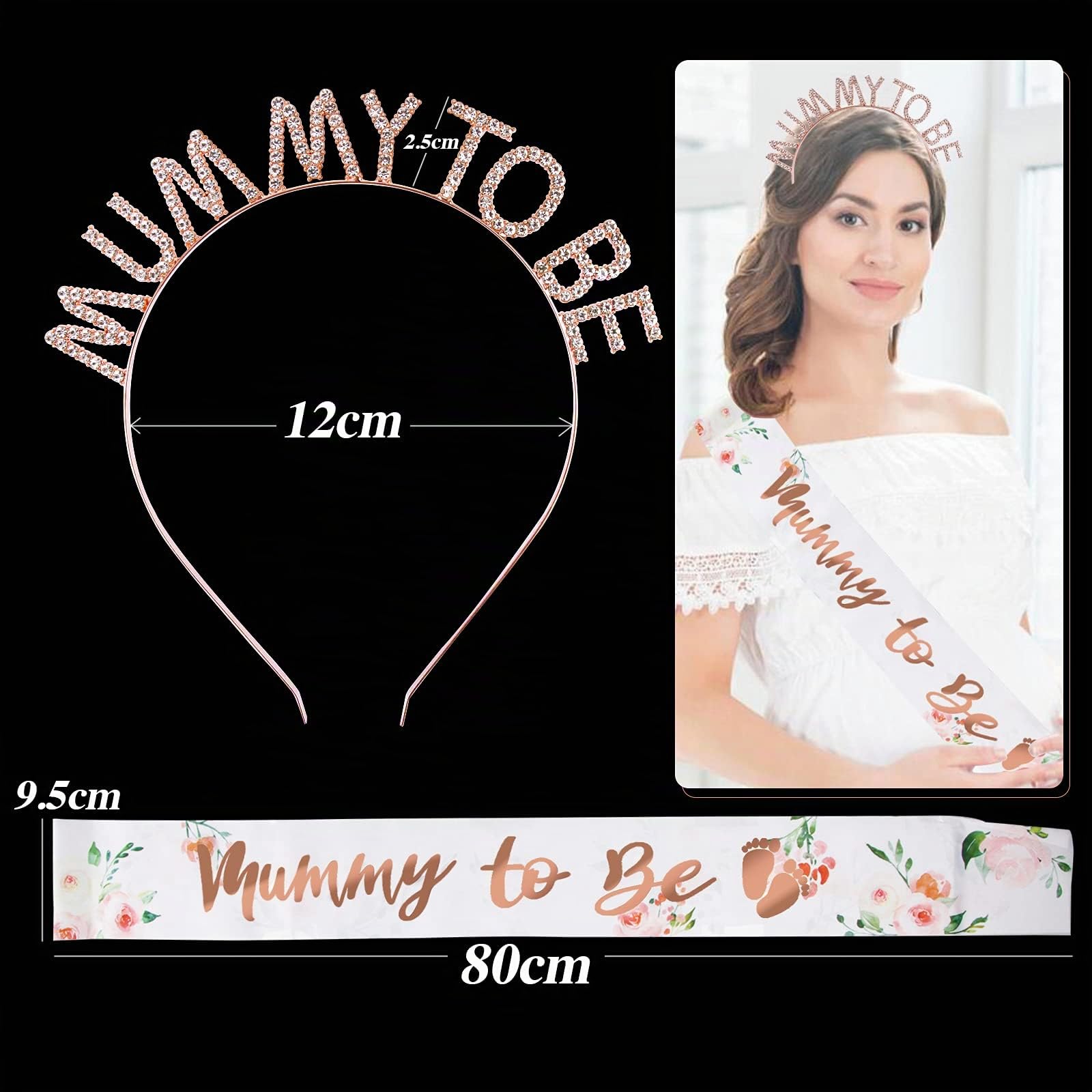 BETESSIN Echarpe Mummy to be Couronne Future Maman Diadème Tiare Princesse Bandeau Serre-Tête Bande Satin Sash Ruban en Polyester Ceinture Décoration Party Baby Shower Baptême (Rose)