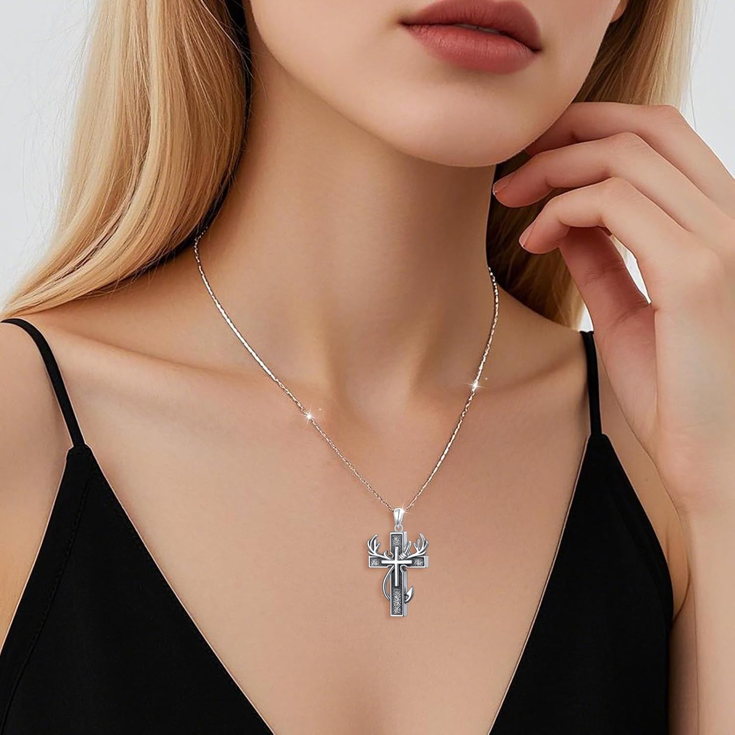 DAOCHONG 925 Sterling Silver Cremation Jewelry Cross Urn Necklace for Ashes for Men Women Fish Hook Memorial Human Pet Urn Pendant Deer Antler Ashes Holder Keepsake Gifts for Loved Ones - Image 7