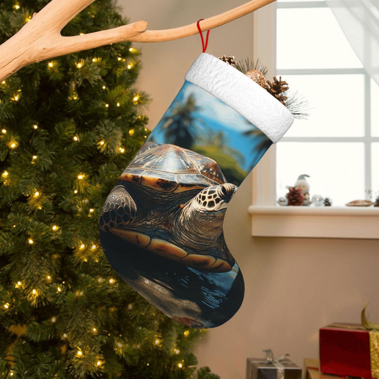 Velvet Christmas Stockings 17.7 Inch, Big Turtle and Palm Trees Xmas Stocking with Soft Cuff,Classic Personalized Christmas Tree Decoration for Family Holiday New Year Party Supplies
