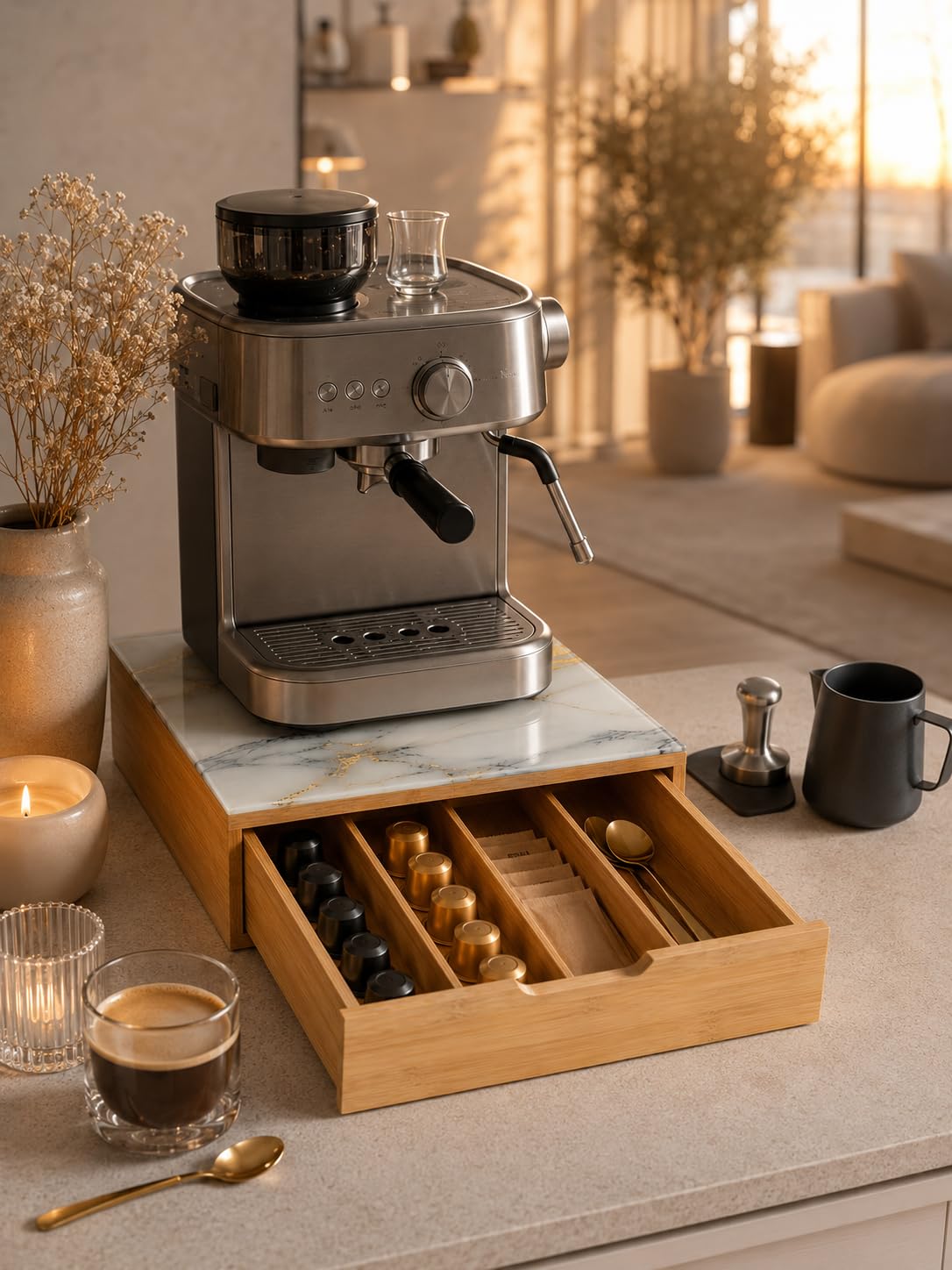 Cassetto Portacapsule in Bamboo con Piano in Vetro Effetto Marmo – Organizer Capsule Caffè 4 Scomparti, Porta Capsule e Cialde, Salvaspazio per Cucina e Coffee Station
