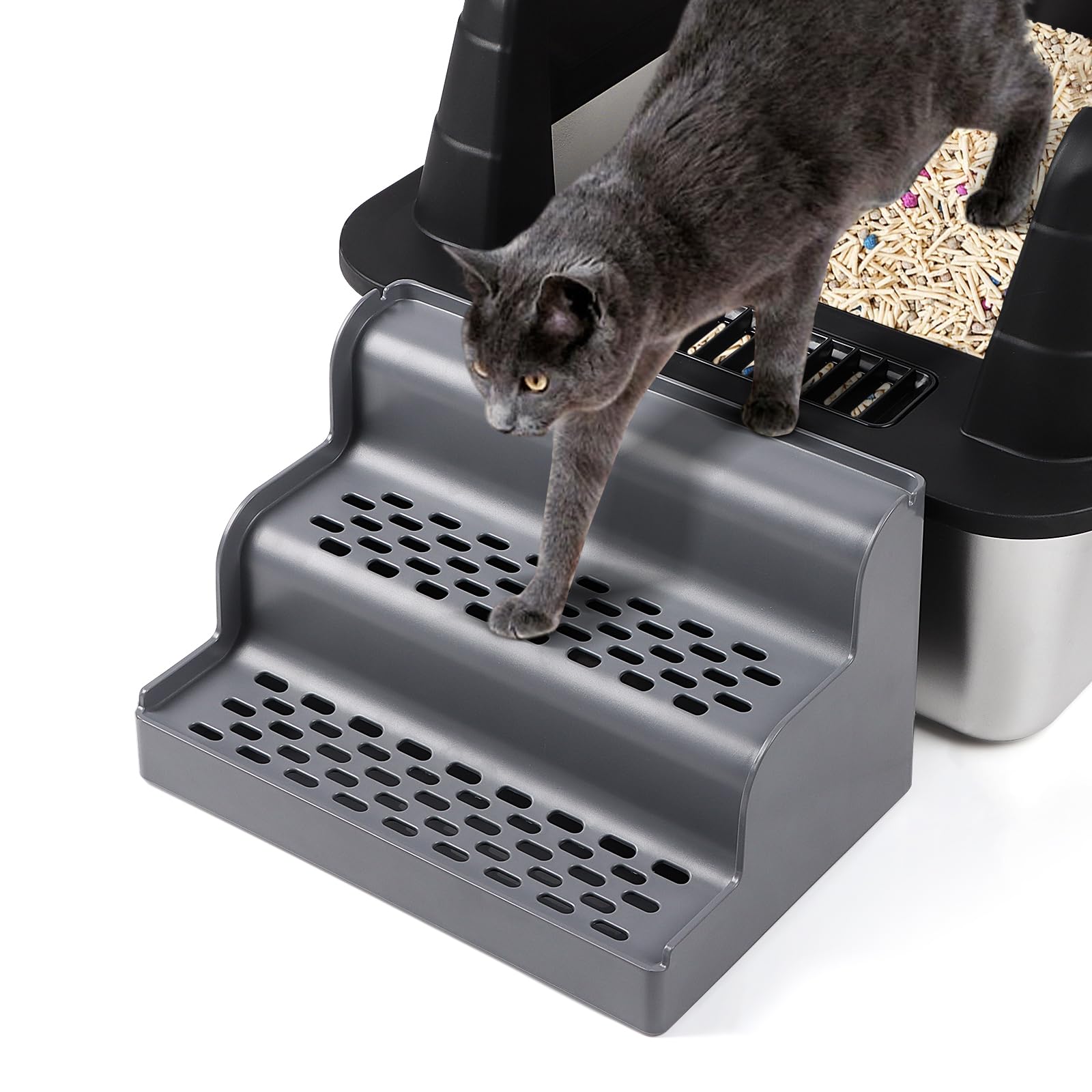 Bartuke Cat Litter Box Ramp, 3-Step Cat Step for Litter Box with Filter Function, Removable Tray, Washable and Easy to Clean, Filter Pedal Stair for Kittens & Elderly Cats (Dark Grey) โ image 1
