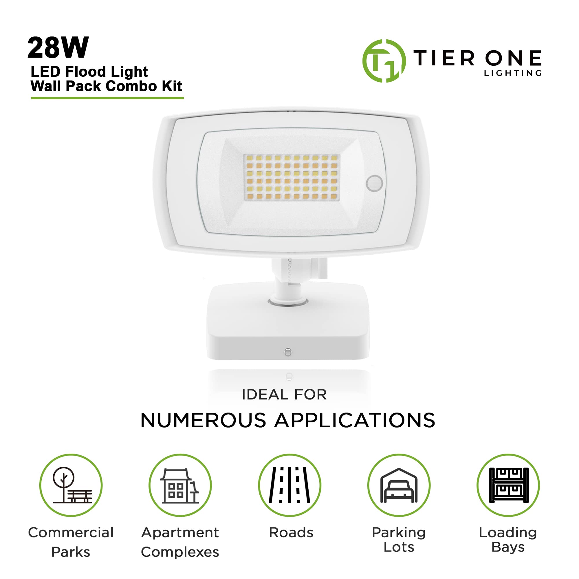 TIERONE 28W LED Flood Light with Remote Control 5 CCT tunable Outdoor LED Security Light for Gardens Garage UL Listed Residential LED Full Cutoff Wall Pack 3200LM IP65 Waterproof White 2 Pack