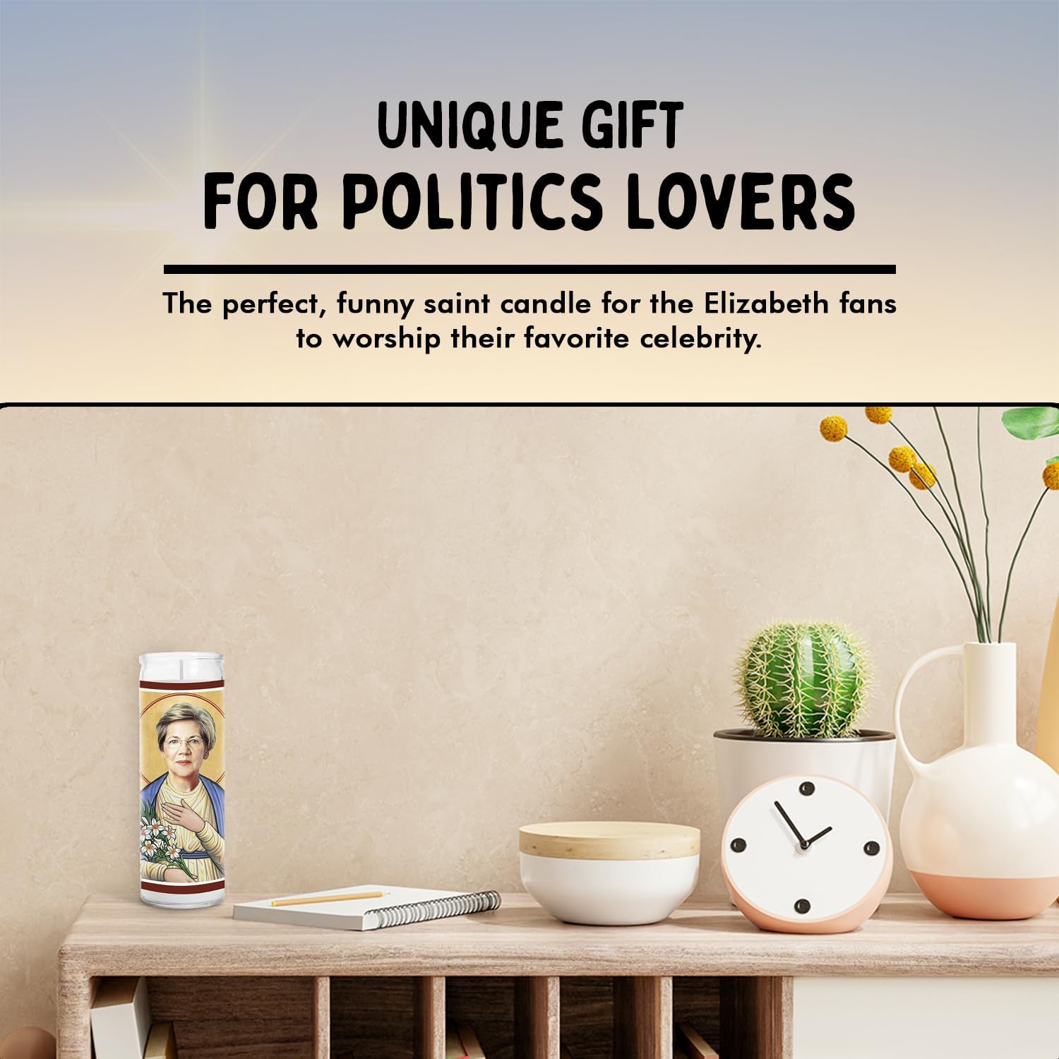 Elizabeth Celebrity Glass Jar Candle – Unscented Handmade Soy Wax Votive Candle – Unique Gift for Public Figure Fans – Home Decor Collectible for Living Room & Office – 8 Inch