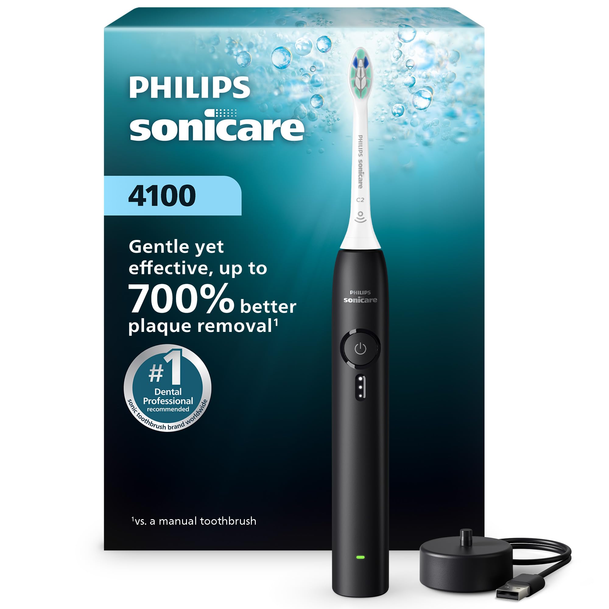 Philips Sonicare Spazzolino elettrico serie 4100, spazzolino sonico con sensore di pressione, 3 livelli di intensità, funzione EasyStart, SmarTimer e QuadPacer, autonomia di 14 giorni, nero, modello