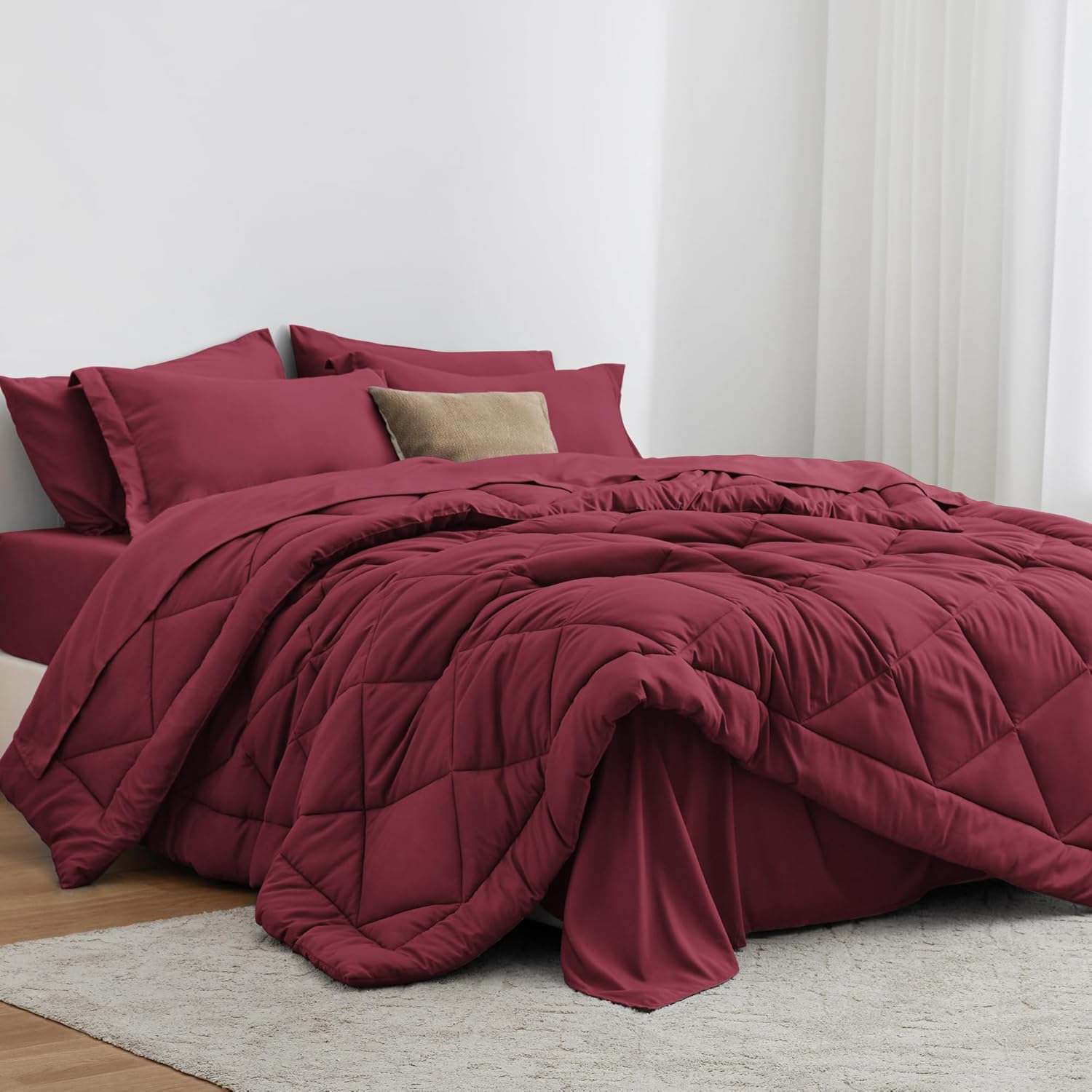 Love's Cabin King Size Comforter Set - Burgundy, 7-Piece King Bed in a Bag, All Season Bedding Set with 1 Comforter, 1 Flat Sheet, 1 Fitted Sheet, 2 Pillowcases and 2 Pillow Shams King Burgundy