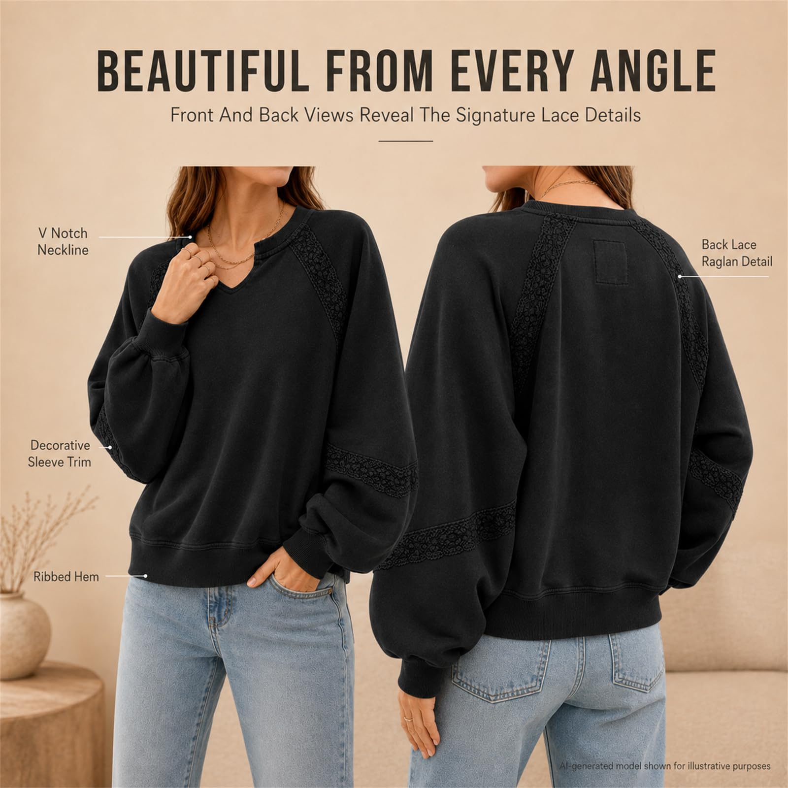 Damska bluza oversize, dekolt w serek, koronkowe rękawy z lampionami | Koronkowy patchwork, dekolt w serek, raglanowe rękawy, luźny krój, prążkowany brzeg, styl wiosna-jesień