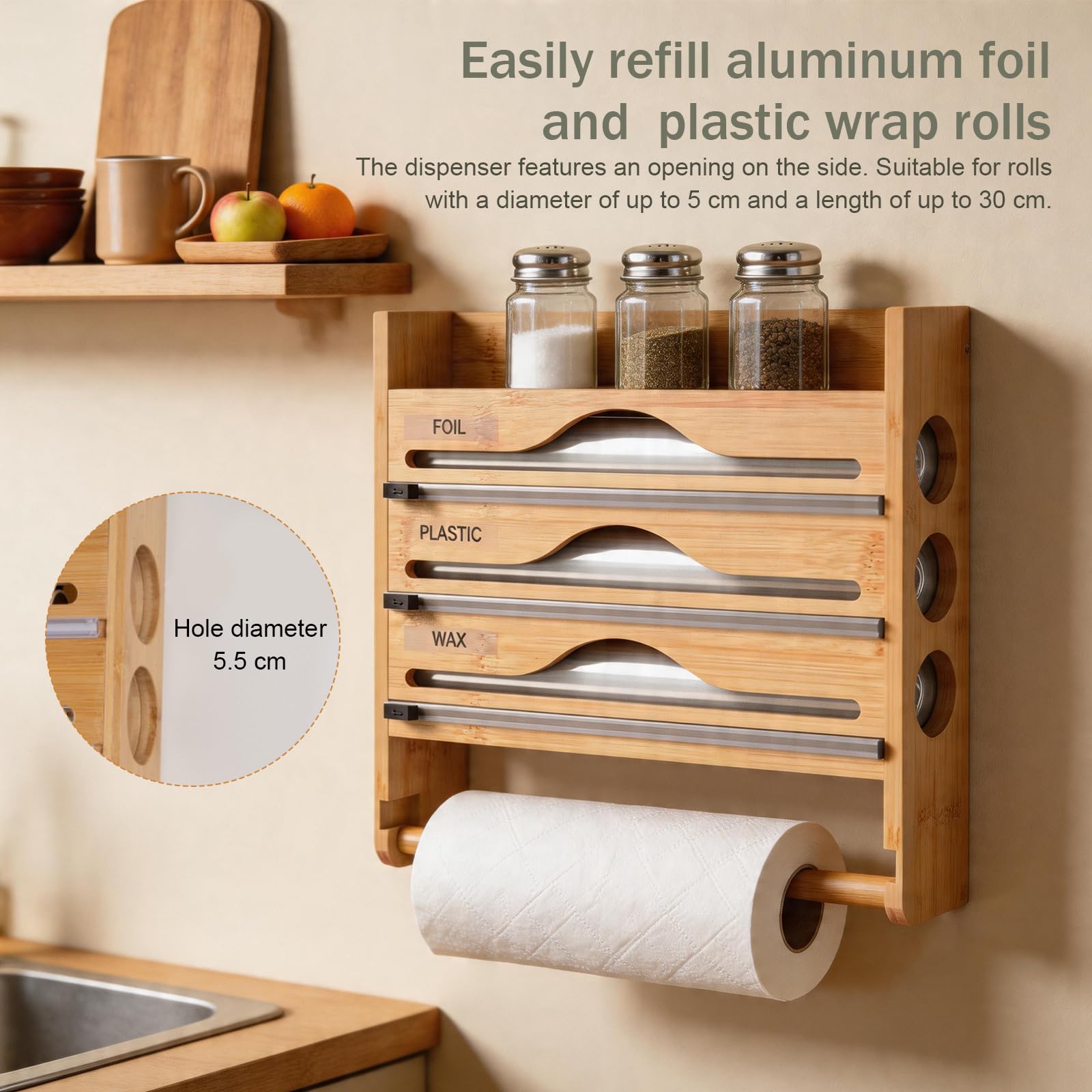 Distributeur Papier Aluminium et Film Alimentaire Mural 5 en 1 | Porte-Rouleau Cuisine Bambou avec Coupe-Film, Support Essuie-Tout & Épices, sans Perçage