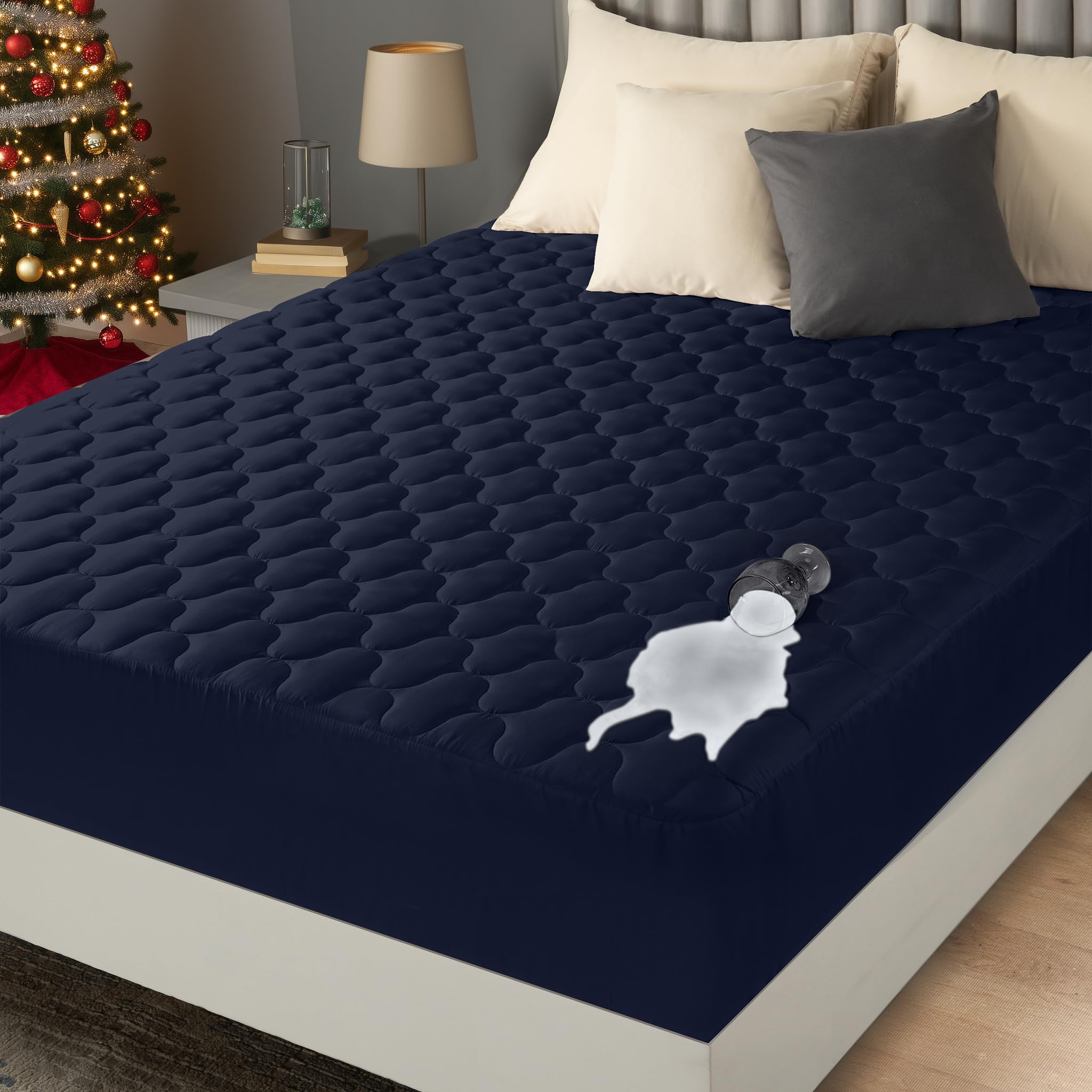 bedding waterproof mattress protector, queen mattress pad, noiseless quilted fitted cover with deep pocket stretches up to 16 inches (navy)