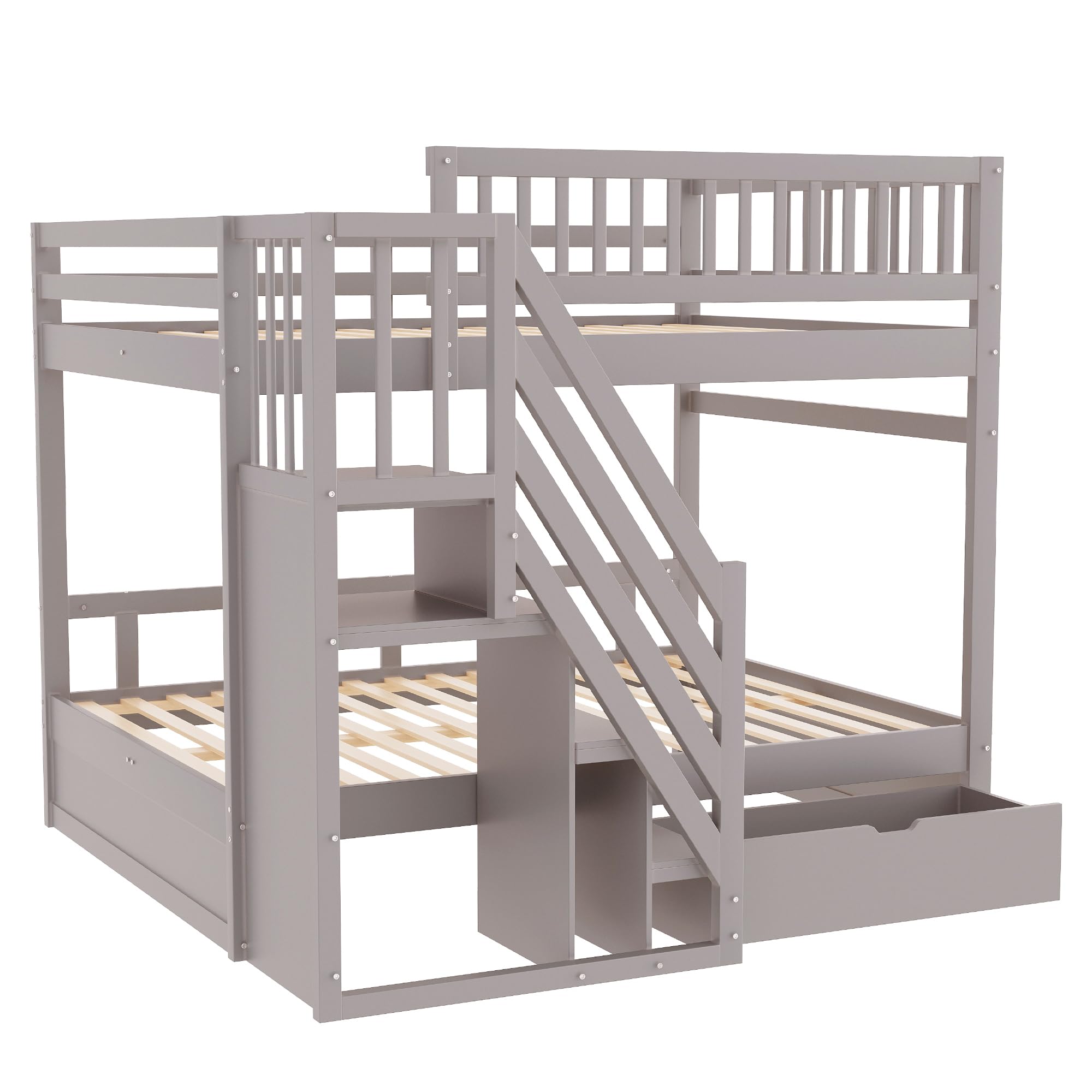 Kinderbett Etagenbett 140x200, Hochbett für 4 Kinder, Stockbett mit Treppe&Aufbewahrungsschrank&Schublade, Holzbett Jugenbett Funktionsbett mit Lattenrost&Rausfallschutz,Kiefernholz,Ohne Matratze,Grau