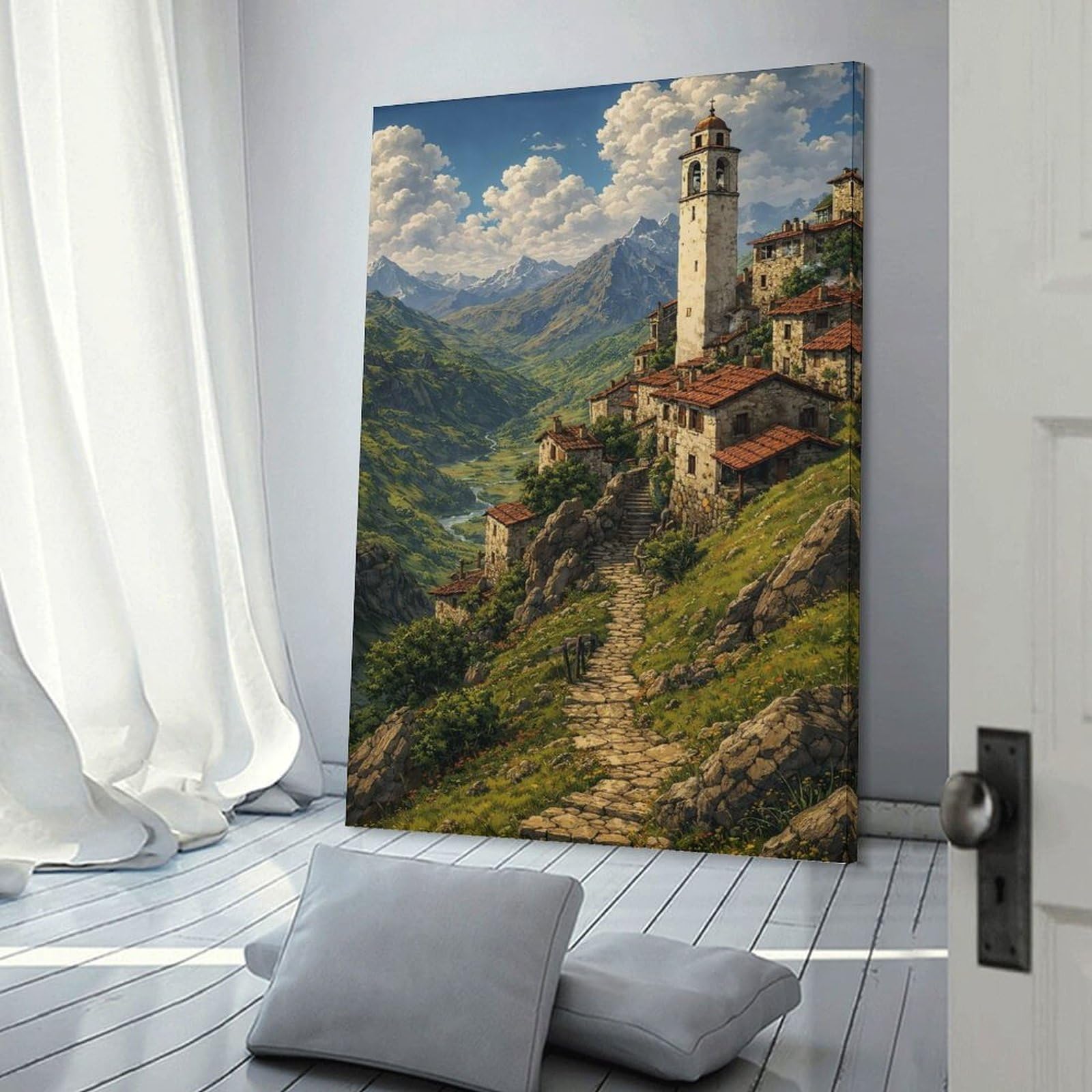 Junmoney Hanging Wall Art Medieval Mountain Village, 20x30inch(50x75cm), for Wall Displays, Bedrooms Or Room Updates, Decorative Artwork with Flexible Styling