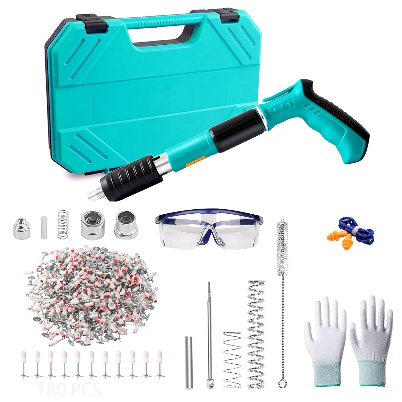 Pistola de clavos manual con 5 niveles de potencia ajustable, dispositivo de disparo de perno portátil con 180 clavos redondos para techos, tubos, instalación de circuitos, decoración de interiores