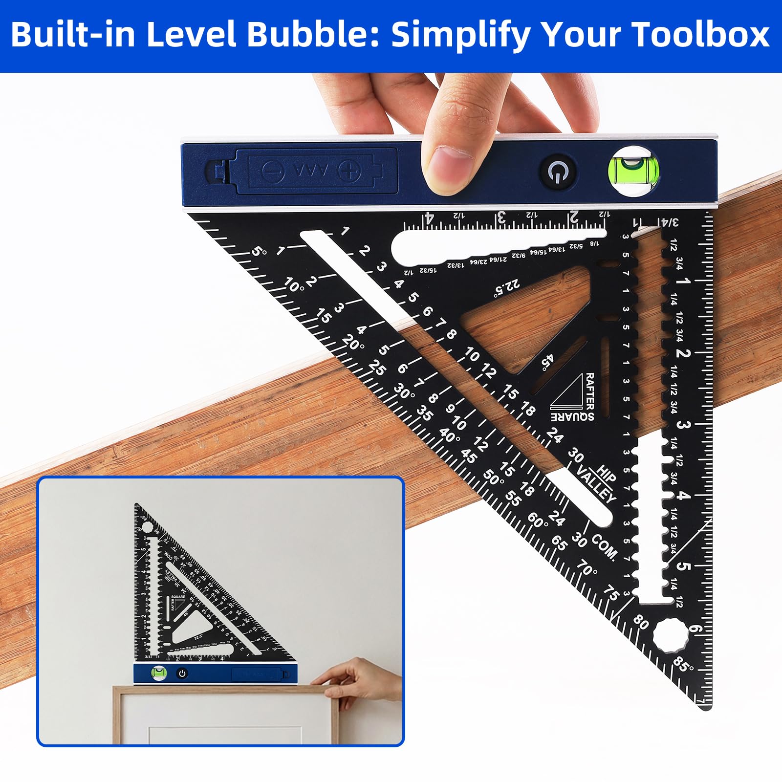 Viga cuadrada de 7 pulgadas con vial de nivel iluminado, regla triangular de aluminio multiusos resistente con lápiz de carpintero para carpintería y bricolaje en el hogar