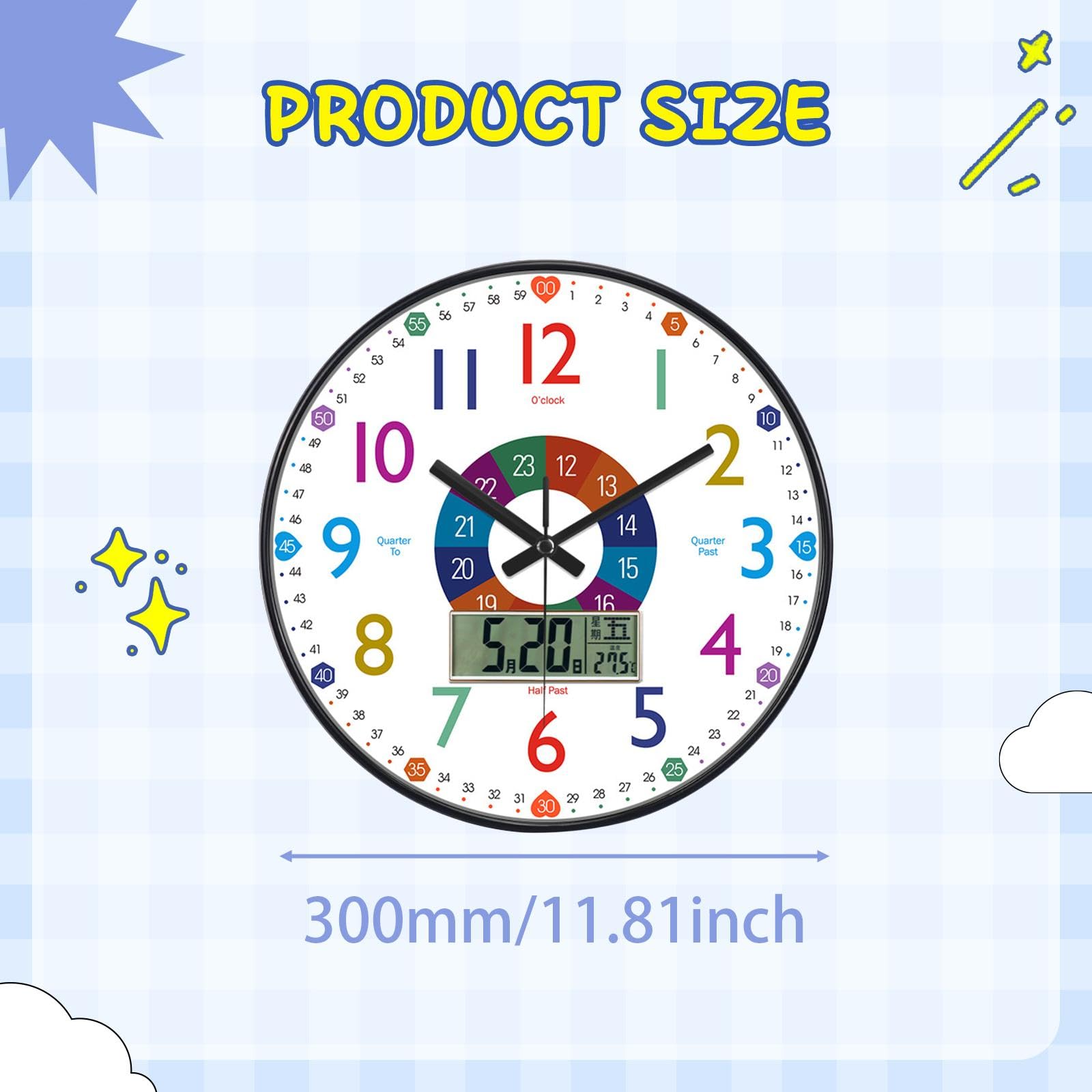 Reloj Infantil para Enseñar La Hora con LED Multifunción Sin Ruido Material PP Y Vidrio Adecuado para Decoración de Cuarto Infantil Escuela Bi, Style C, Individual
