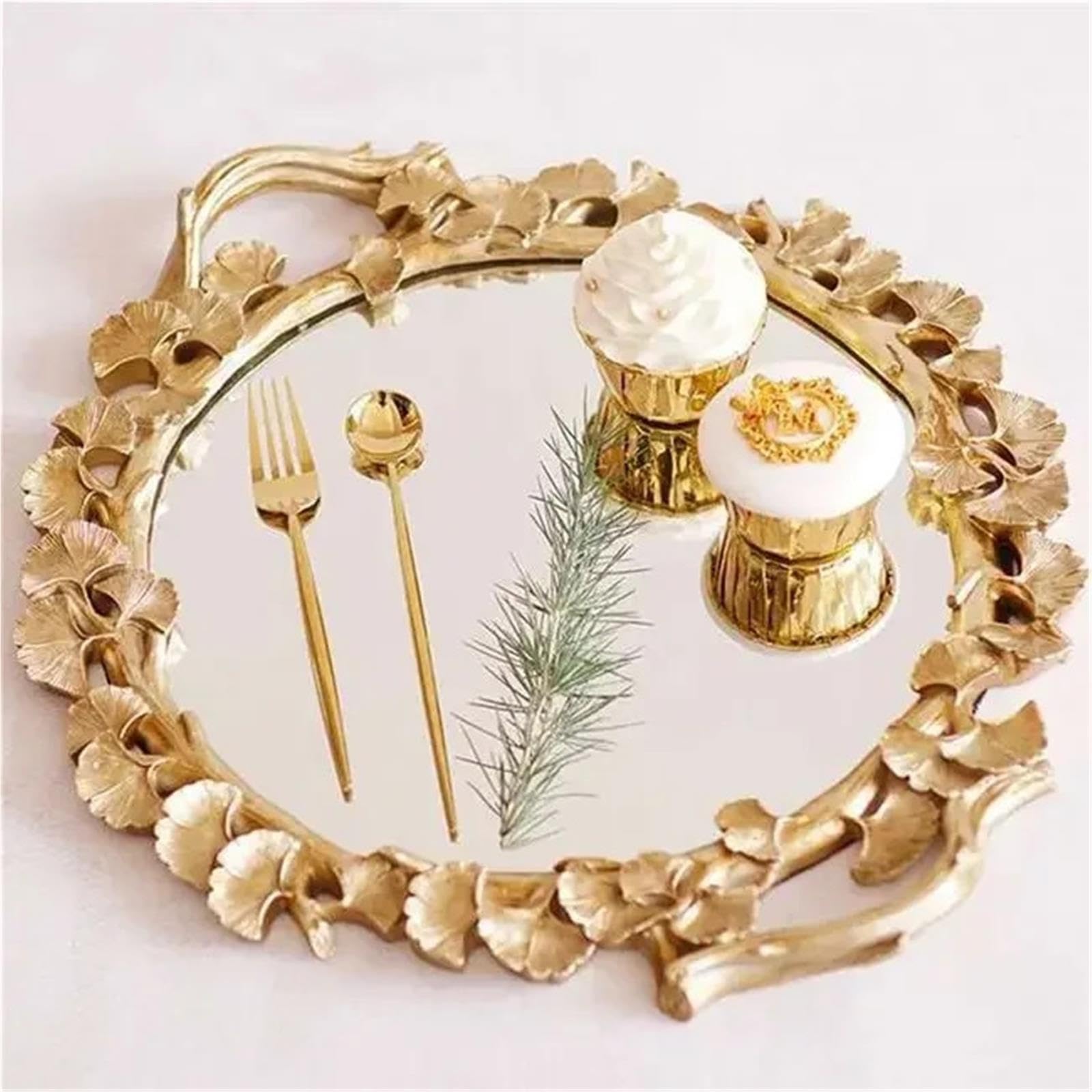 Bandeja Redonda del Espejo Oro Ginkgo De La Decoración Boda