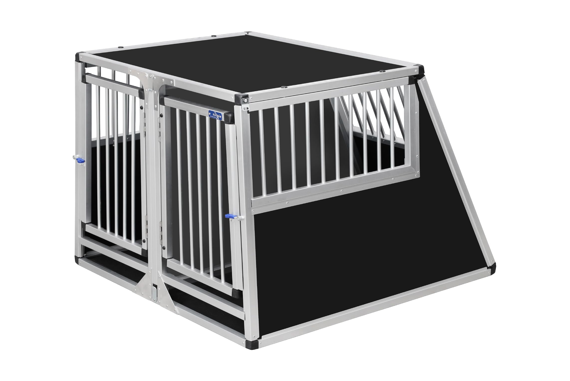 ALPUNA Transportbox N96 – Aluminium Doppelbox für Hunde 107×99×75 cm, Auto Hundebox mit Notausstieg, sicherer Hundetransport im Kofferraum