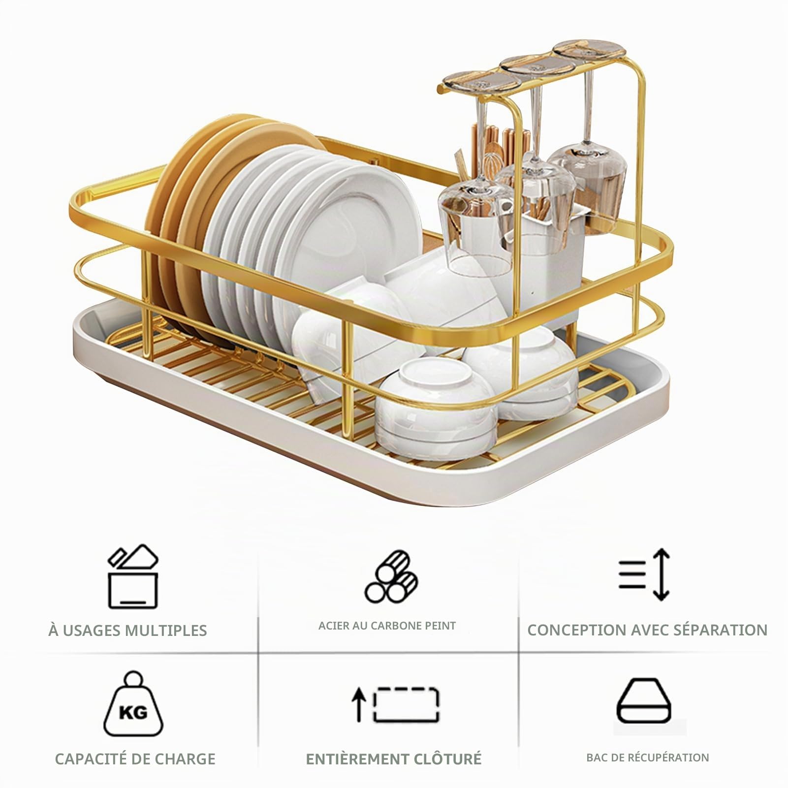 Égouttoir à vaisselle réglable en acier inoxydable avec support à couverts - Design ventilé - Doré