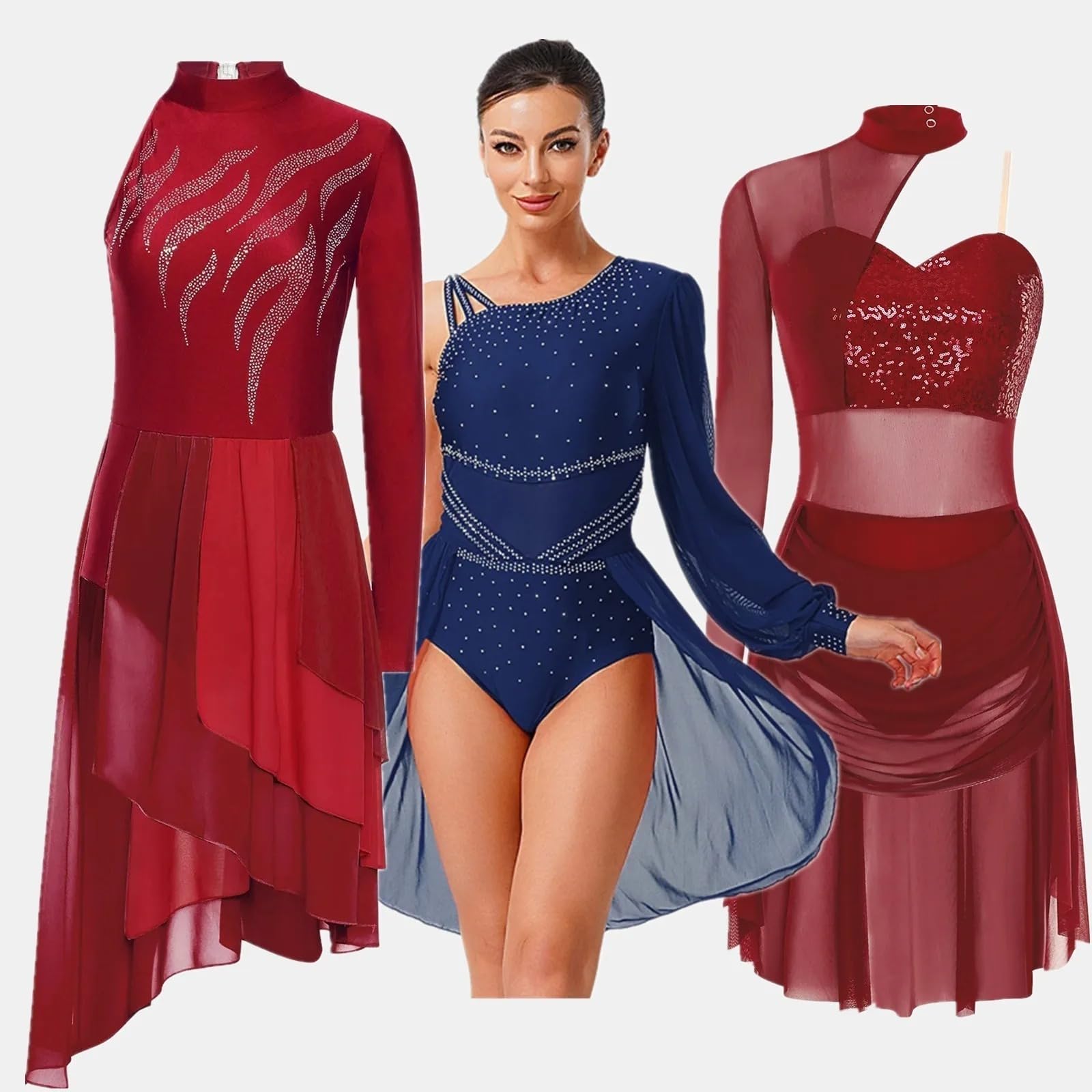 Vestido de una Pieza para Mujer Adornado con Cristales Brillantes Adecuado para Gimnasia artística, Patinaje artístico, Ballet, Danza lírica y presentaciones escénicas de Baile Latino.