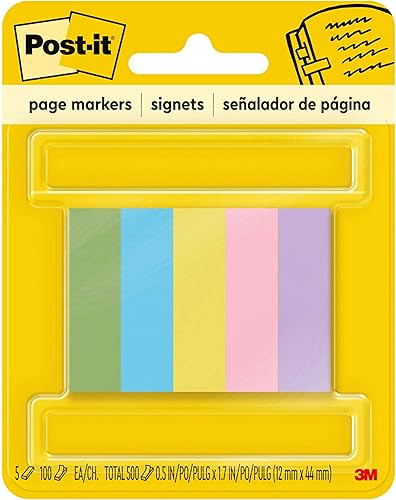 Post-it Page Markers, 12-inch x 1-34 Inch, Ideal for Temporary Marking and Noting In Books, Assorted Ultra Colors, 500 per Pack