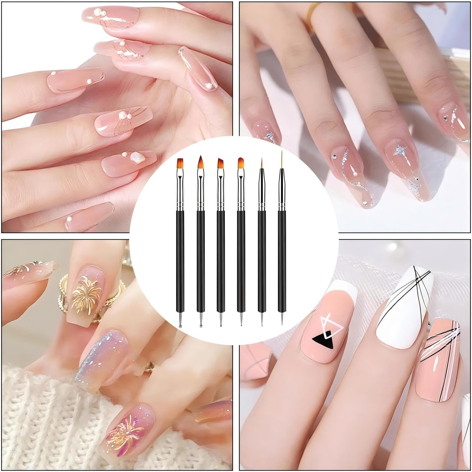 6 Pinceaux Nail Art，6 Stylos à Pointes Doubles, Kit d’Outils de Manucure pour Nail Art DIY à la Maison ou en Salon (Noir)