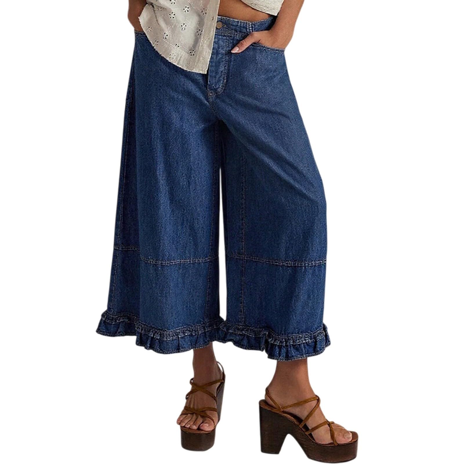 Generisch Pantalones vaqueros para mujer, pierna ancha, 7/8, volantes, pantalones casuales, holgados, con goma elástica y bolsillos, pantalones palazzo para adolescentes, niñas, pantalones de