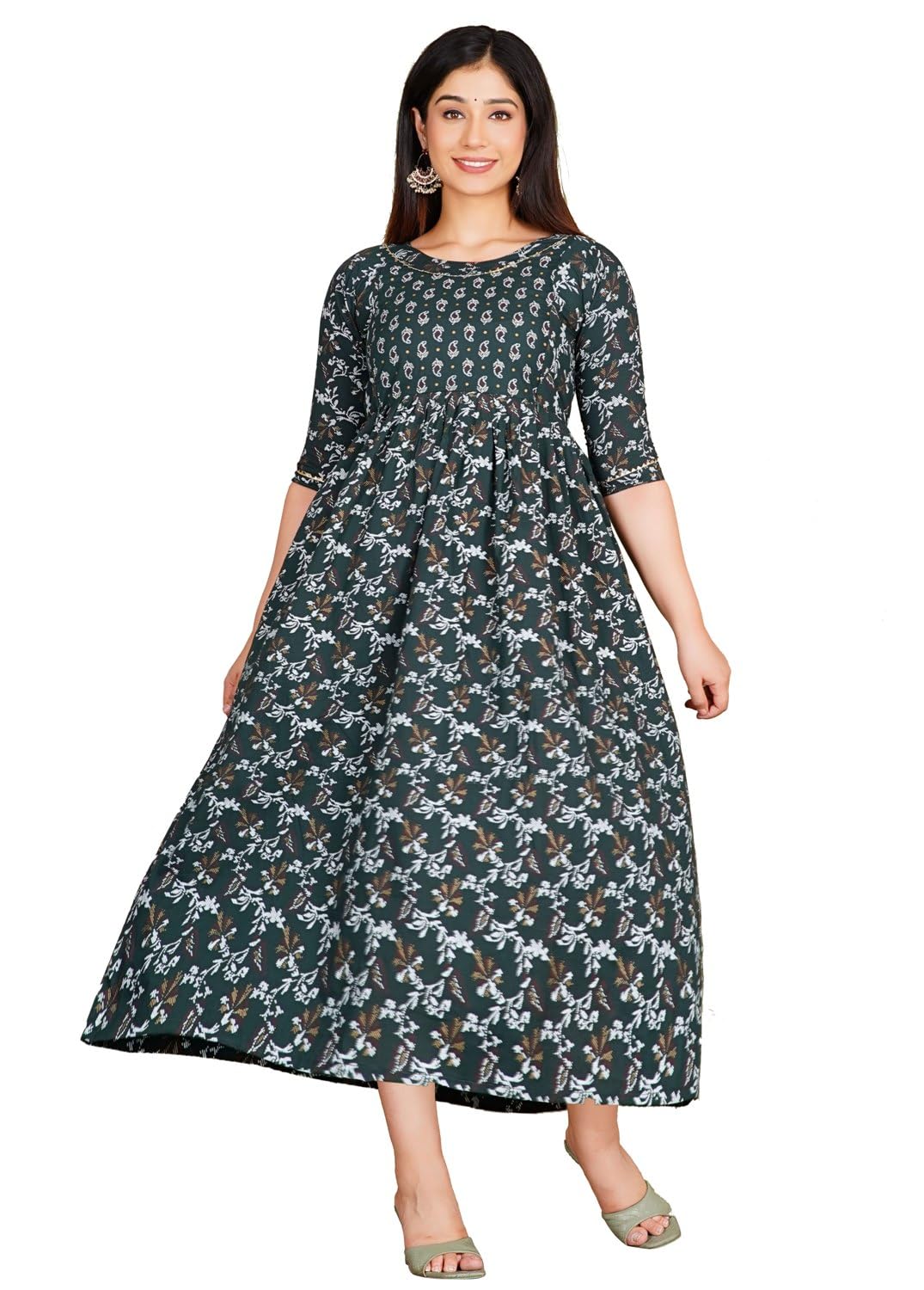 Women's Printed Maternity Feeding Gown Dress with Zipper Green Gold-image-12