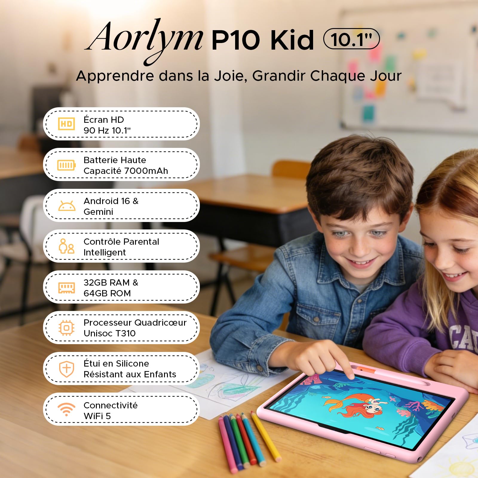 Tablette pour Enfants P10 Android 16, 10 Pouces, Gemini AI, 90 Hz, 32Go RAM + 64Go ROM, 7000 mAh/Wi-FI 5/OTG/Face ID, livrée avec étui de Protection et Stylet