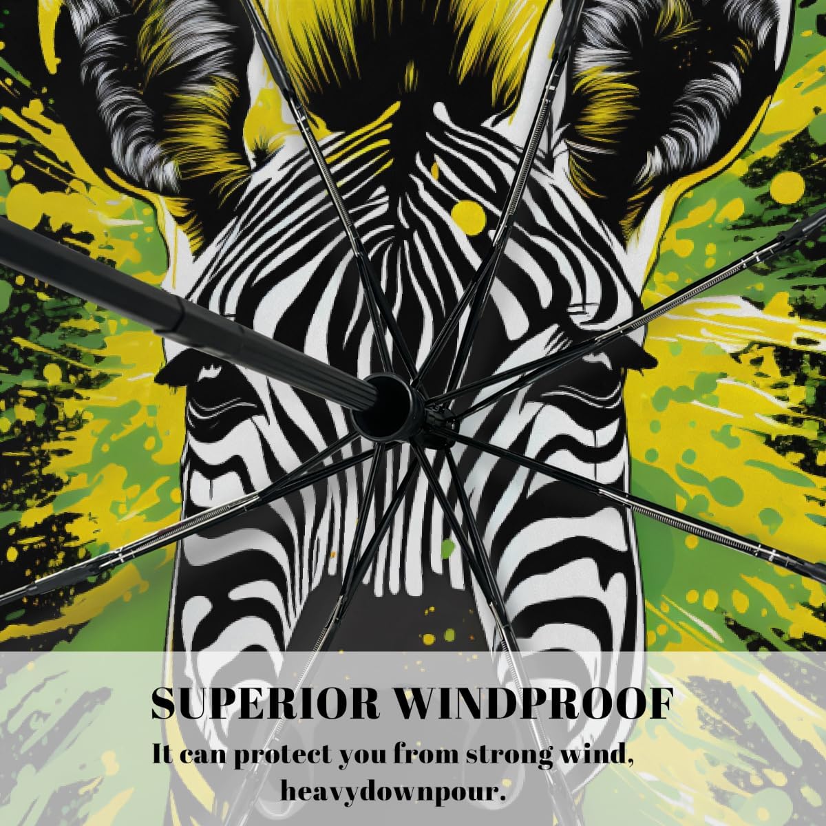 Splashes Animal Zebra Folding Umbrella Windproof Compact Lightweight Travel Umbrella with 8 Reinforced Ribs, Portable UV Sun & Rain Protection for Men & Women