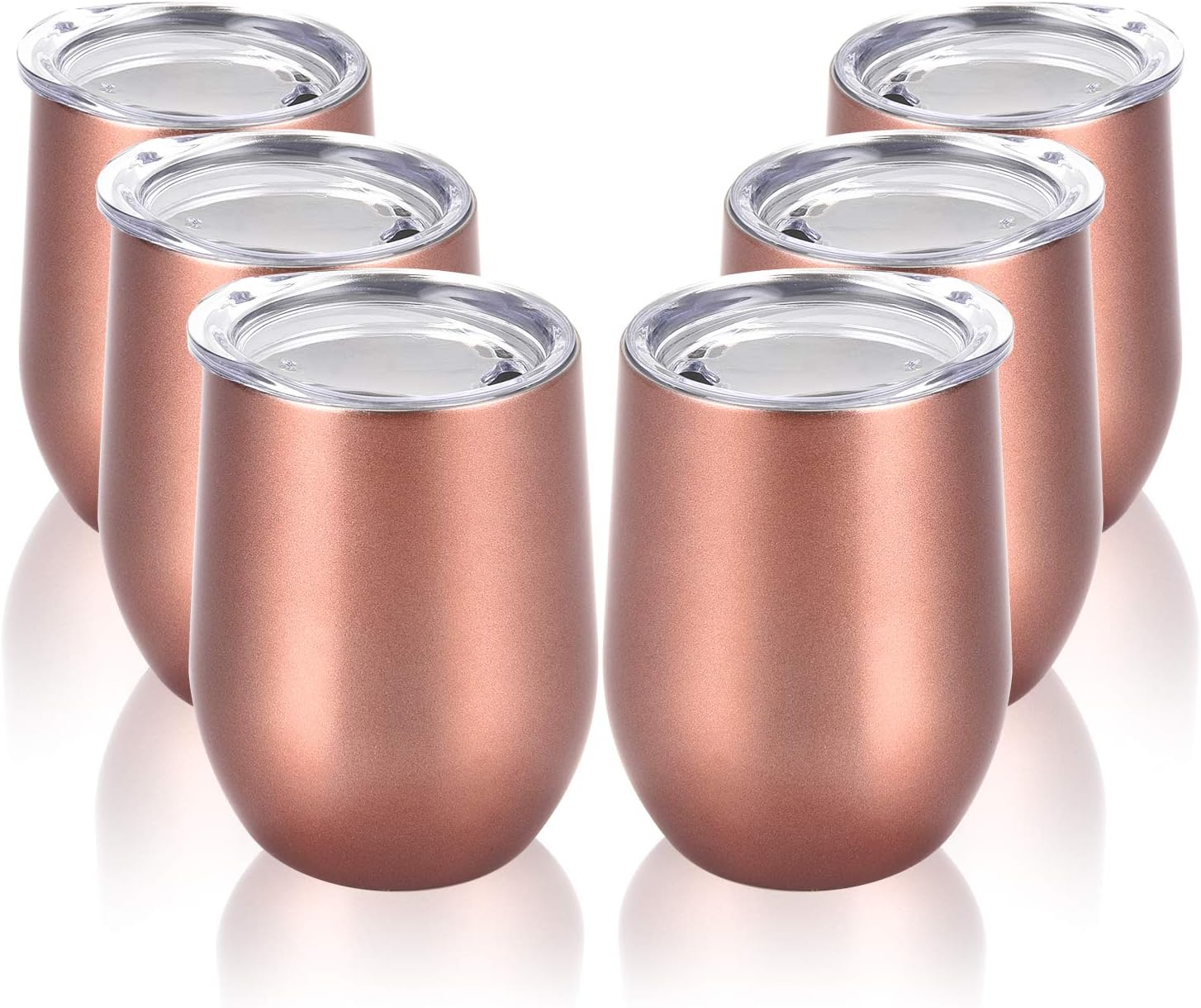 Stainless Steel Stemless Wine Tumbler Funny Wine Glasses with Lid Double Wall Vacuum Insulated Wine Cup for Wine, Champagne, Cocktails, Soda, Whiskey and Beer Set of 6 Rose Gold 12 Oz