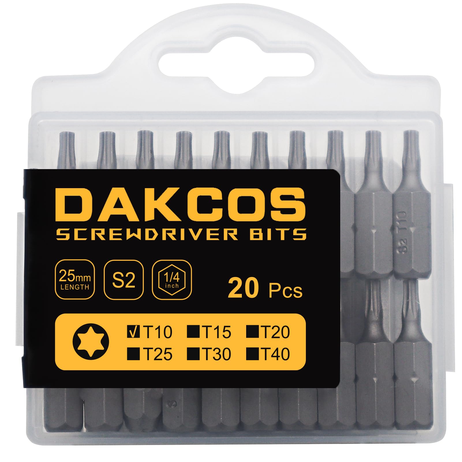 Dakcos T10 Torx Bit, 20Pcs Impact Driver Bits, 1/4" Screwdriver Bit Sets, Premium S2 Alloy Steel Bits, 25Mm Long