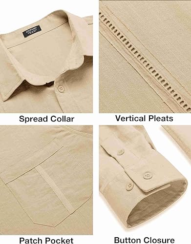 Vista 5 de COOFANDY Camisas de guayabera cubana para hombre, camisas de lino de manga larga casuales con botones para hombre, camisas de playa