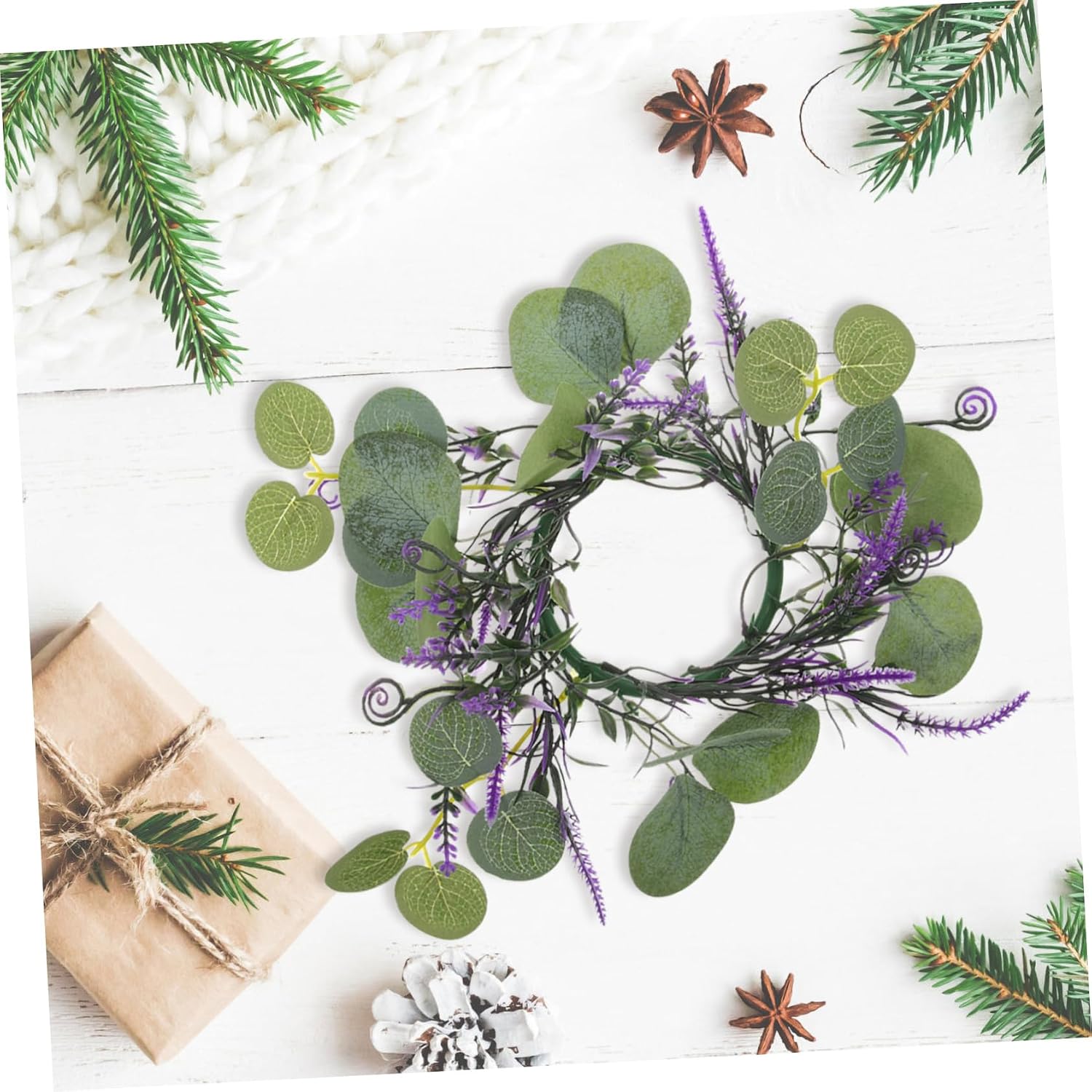 Lavender Eucalyptus Candle Wreath 12-Inch Artificial Flower Ring for Pillar Candles Rustic Home Decor Wedding Centerpieces and Tabletop Decorations