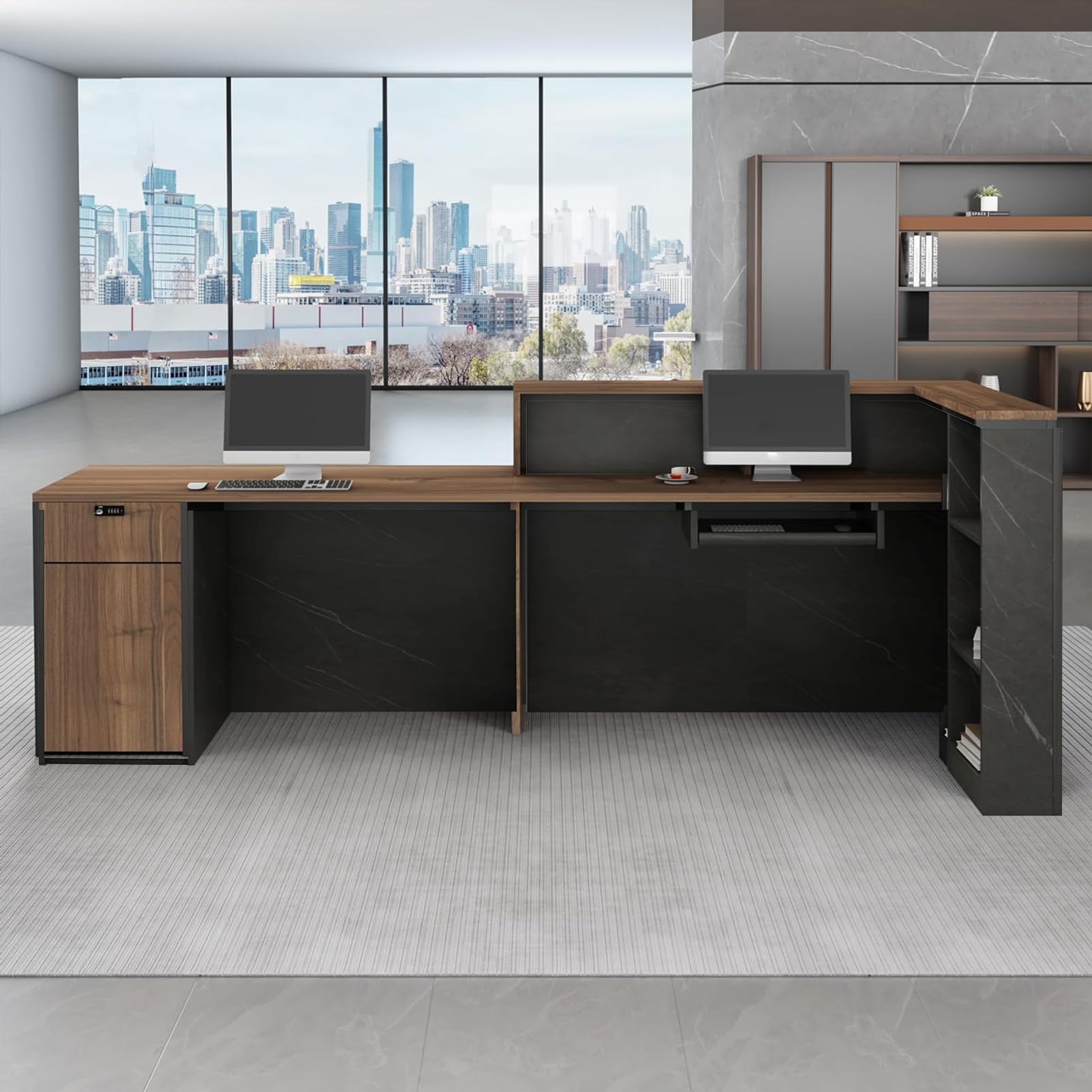 Moderne Empfangstheke L-Form Holz 220CM Empfangstresen mit Stauraum für Büros Rezeption Hotels (rechts hoch-C)