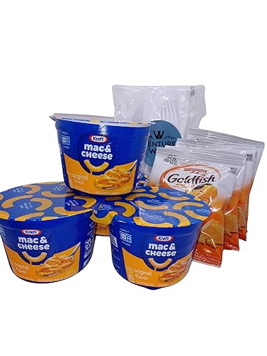 Tazas de macarrones y queso, papel kraft de queso Mac N (4) tazas con (4) bocadillos Goldfish Crackers con (4) utensilios desechables Venture West