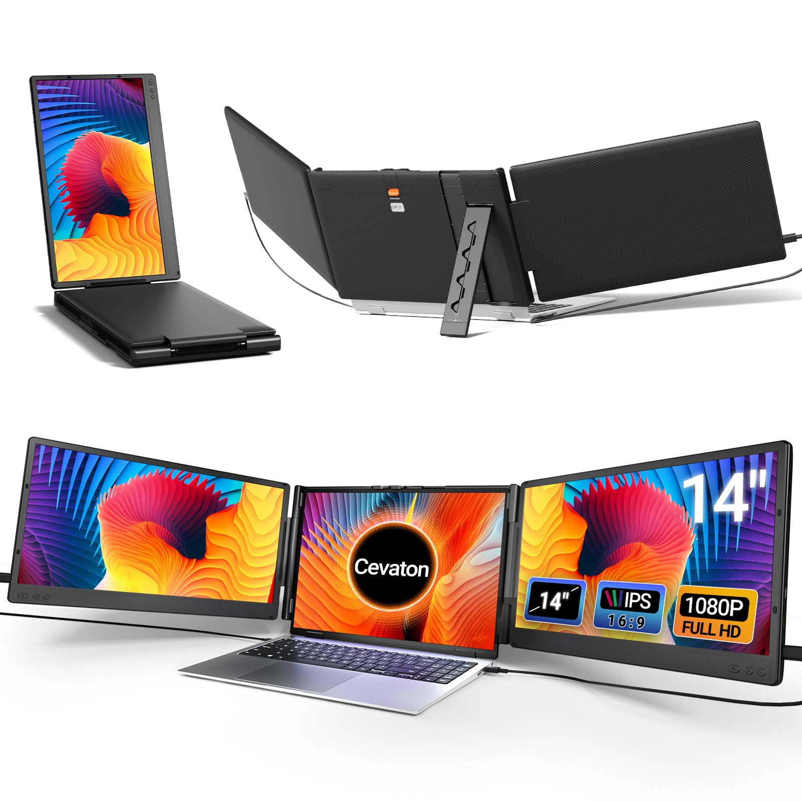 Cevaton Laptop Bildschirm Erweiterung, 14 ”FHD 1080p IPS Tragbarer Monitor für 13-16,1", Stecker und Spielen Sie Laptop-Monitor, Laptop-Bildschirmverlängerung kompatibel mit MAC, Siegen, Dex, Chrome