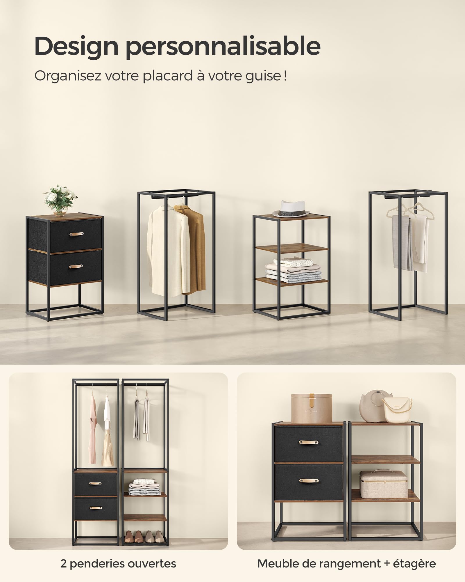 SONGMICS Penderie, Armoire Ouverte, Placard, Porte-Vêtements Solide avec 1 Tringle Extensible, 2 Tiroirs et 4 Étagères, pour Chambre, Gain de Place, Marron Rustique RGR003B01