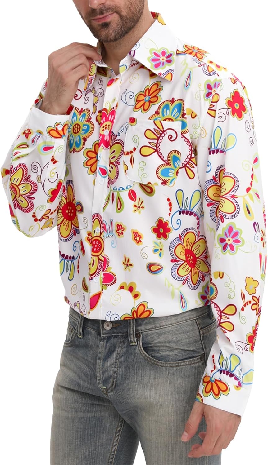 Mens 70s Disco Hip Hop Shirts Casual Button Down Paisley Floral Vintage Long Sleeve Large Collar Shirt - Image 3