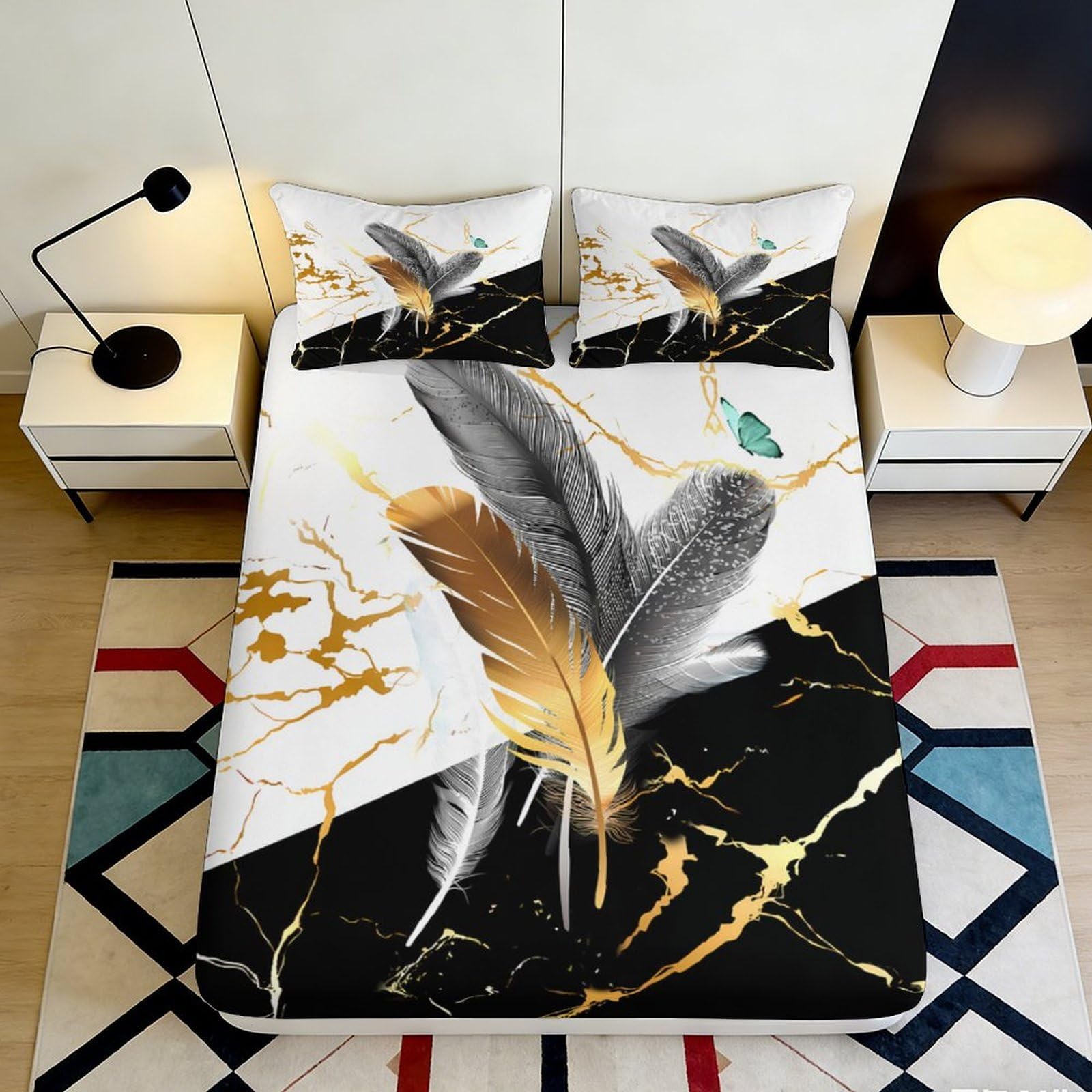 3D Printed Black Gold Feather Fitted Sheet Microfiber Bed Cover Artistic Pattern for Bedroom Decor Dorm Mattress Protection 90x200x25cm