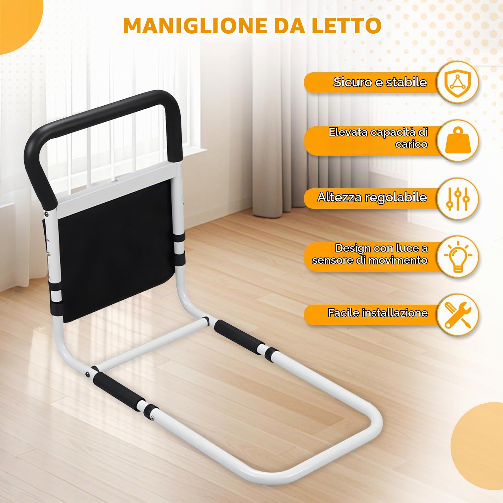 Sponde del letto per adulti più anziani-protezione del letto, Maniglie laterali rinforzate e lampada intelligente, Maggiore sicurezza e comfort, aiuto alla mobilità ideale per Anziani, Disabili