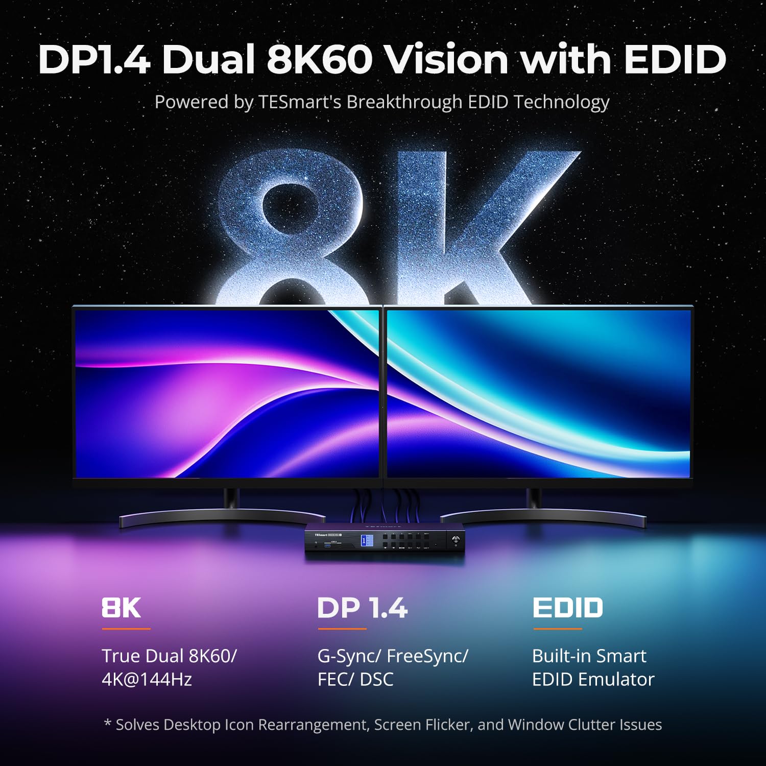 TESmart DisplayPort 8K@60Hz KVM Switch 4 PC 2 Monitor, USB 3.0 DP 1.4 KVM Switch Dual Monitor 4K @144Hz Per Docking Station Gaming Emulator, EDID Emulator, Gigabit Network, Hotkey Switch, Microfono